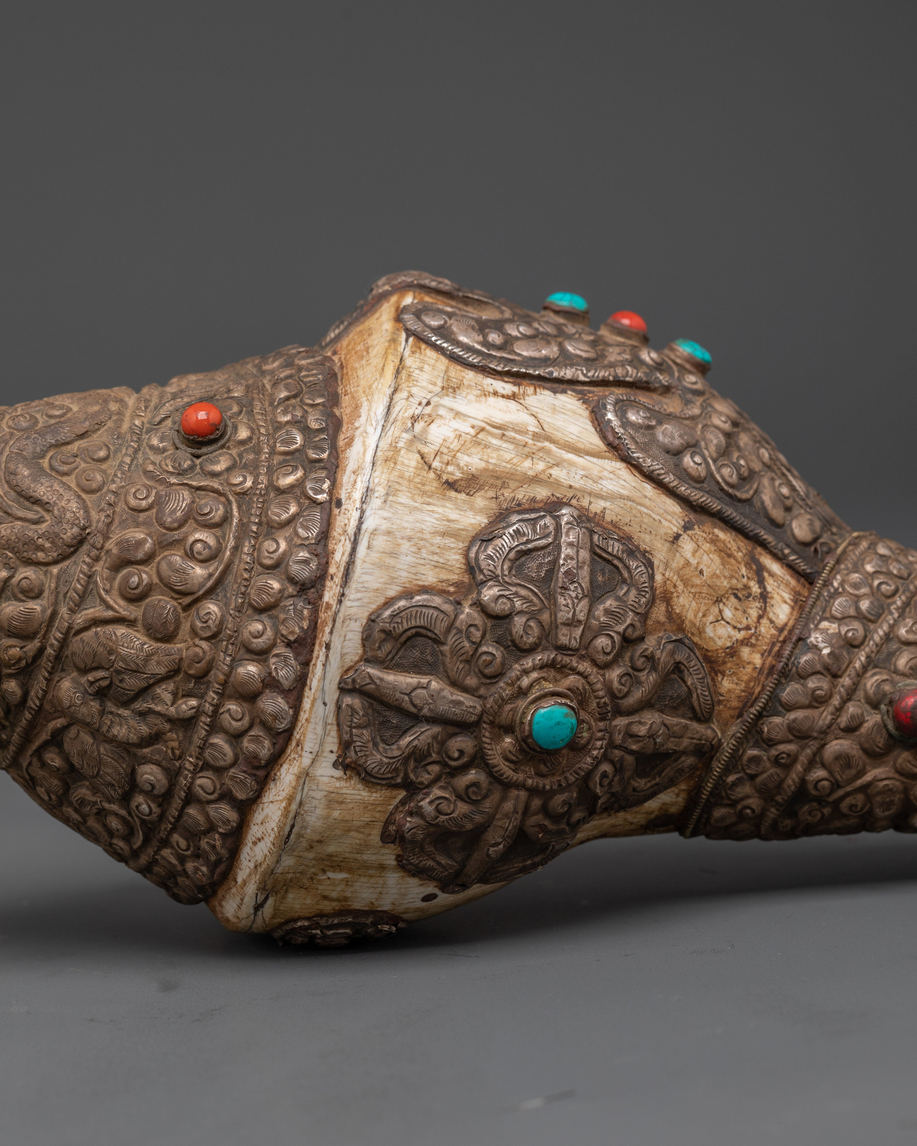 Buddhist Copper Conch Shell | Tibetan Ritual Trumpet with Coral and Turquoise