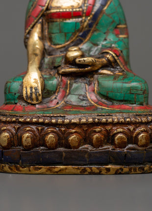 Beautiful Shakyamuni Buddha | Brass with Turquoise & Coral Inlay