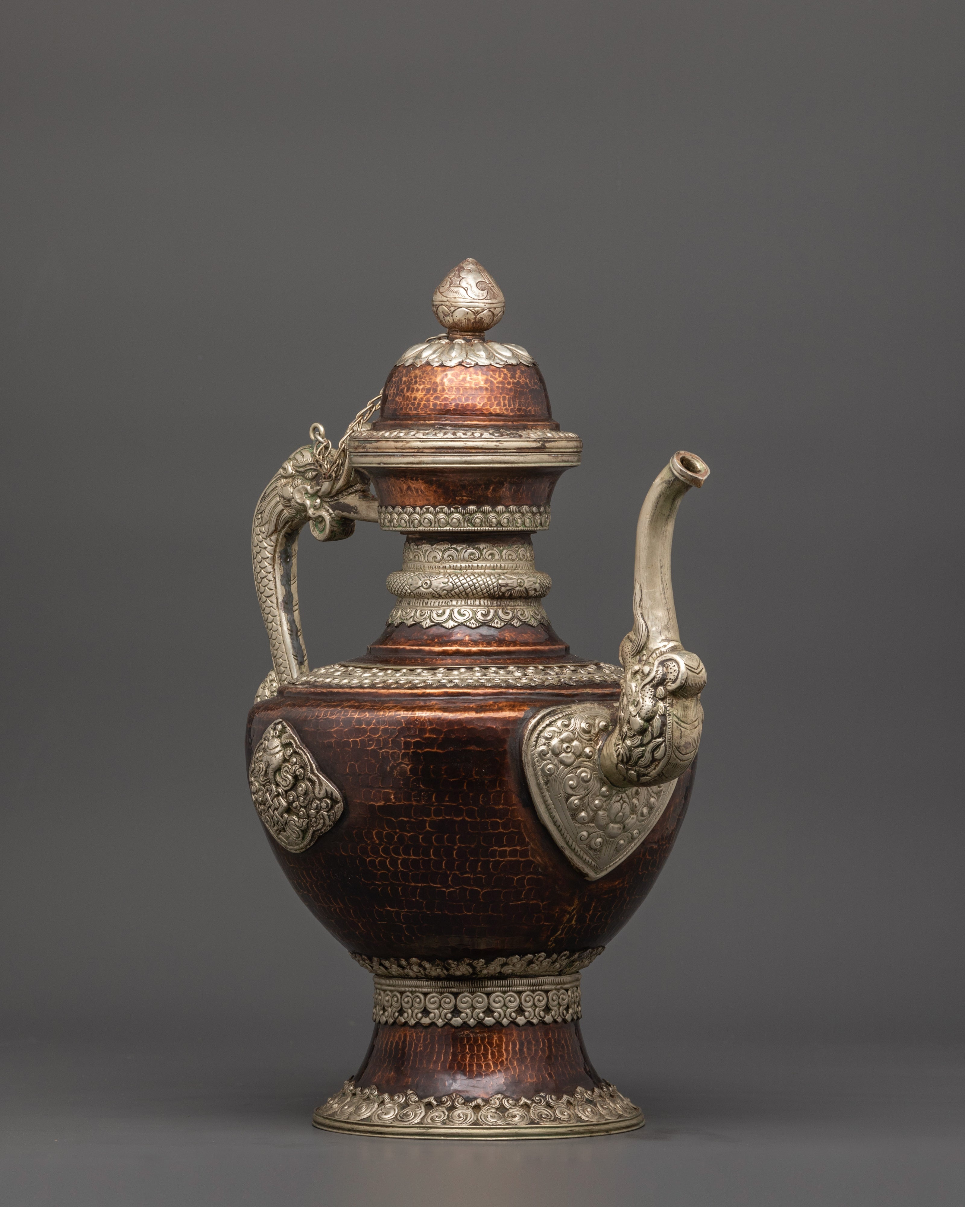 Handcrafted Copper Teapot with White Metal Overlay | Decorative Kettle