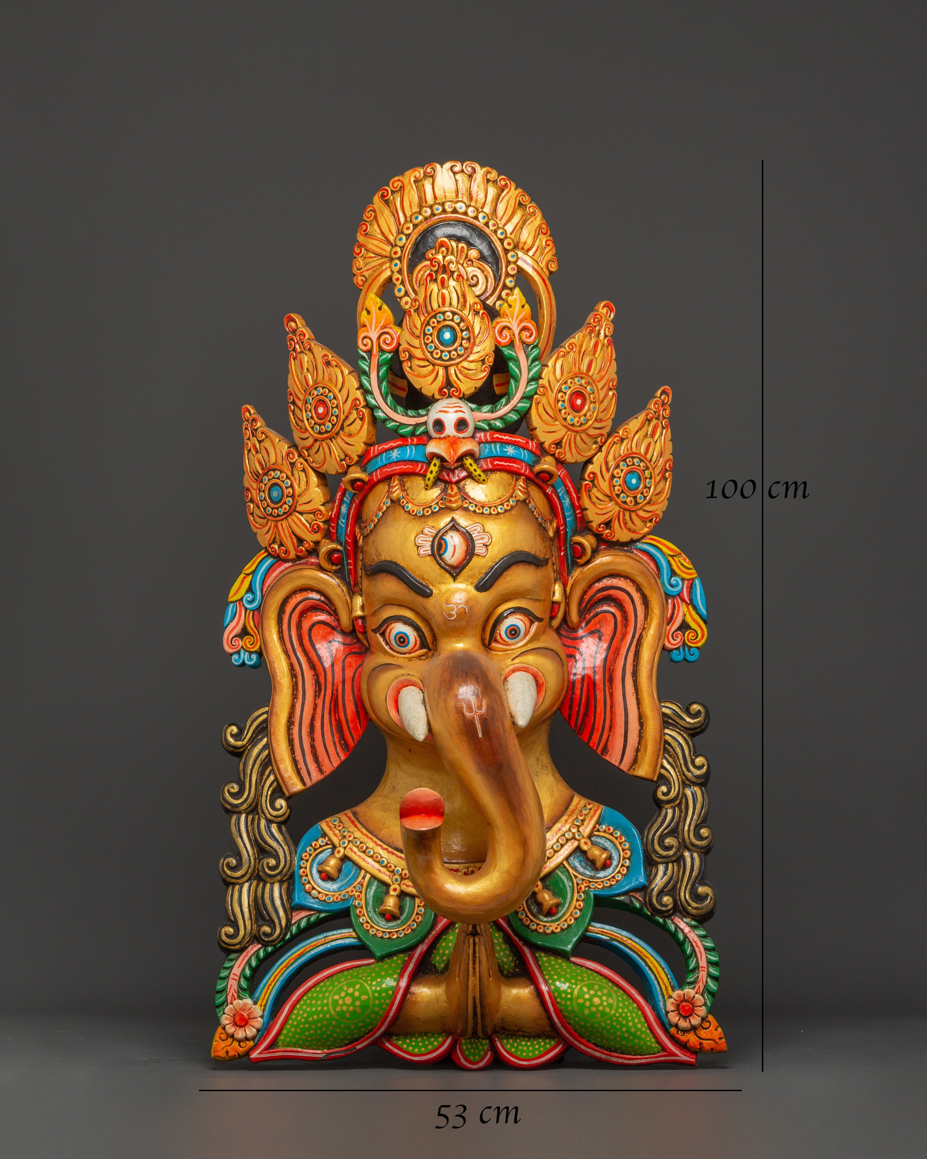 Tantric Ganesha Wall Mask in Carved Wood | Colorful Ganesh Decor for Altar