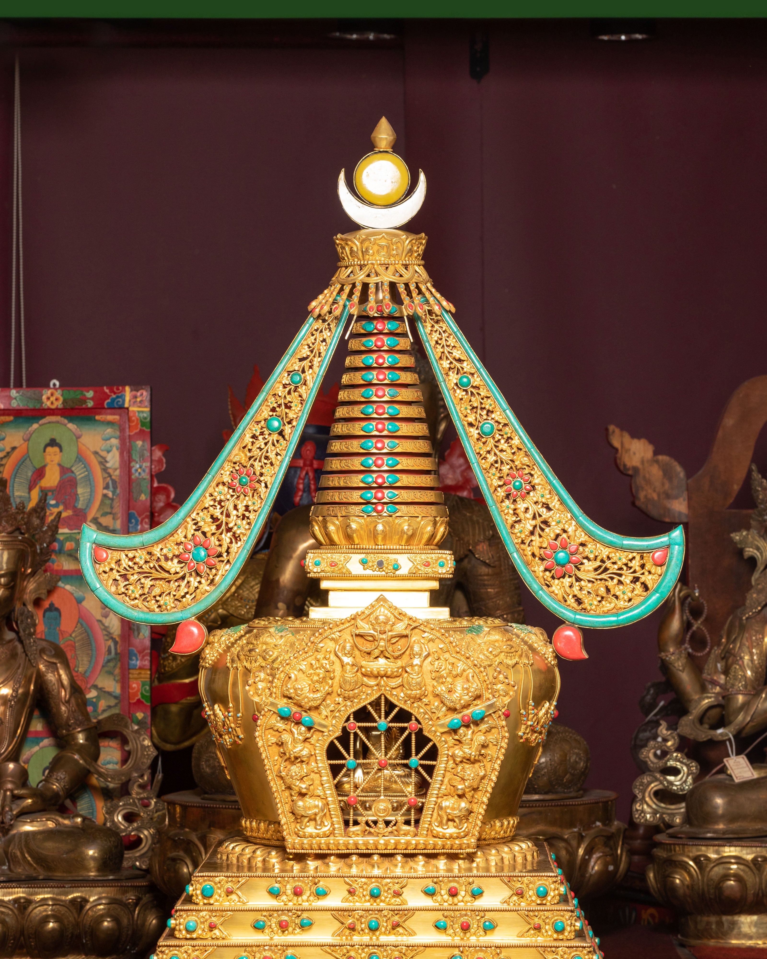 Sacred Buddhist Stupa for Altar | Gold-Plated Tibetan Stupa with Coral & Turquoise