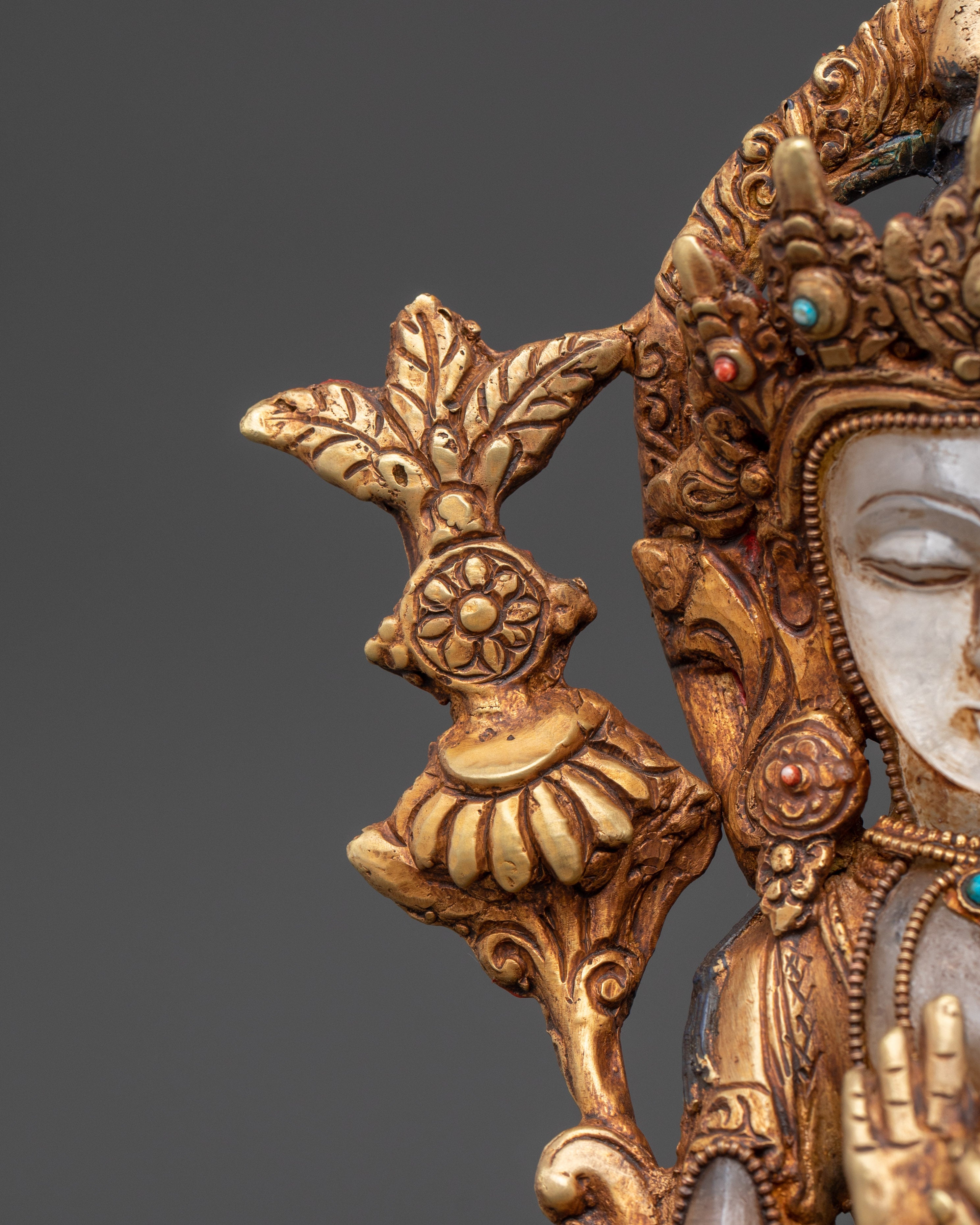 Future Buddha Maitreya Statue | Gold Plated Copper Sculpture with Crystal & Turquoise