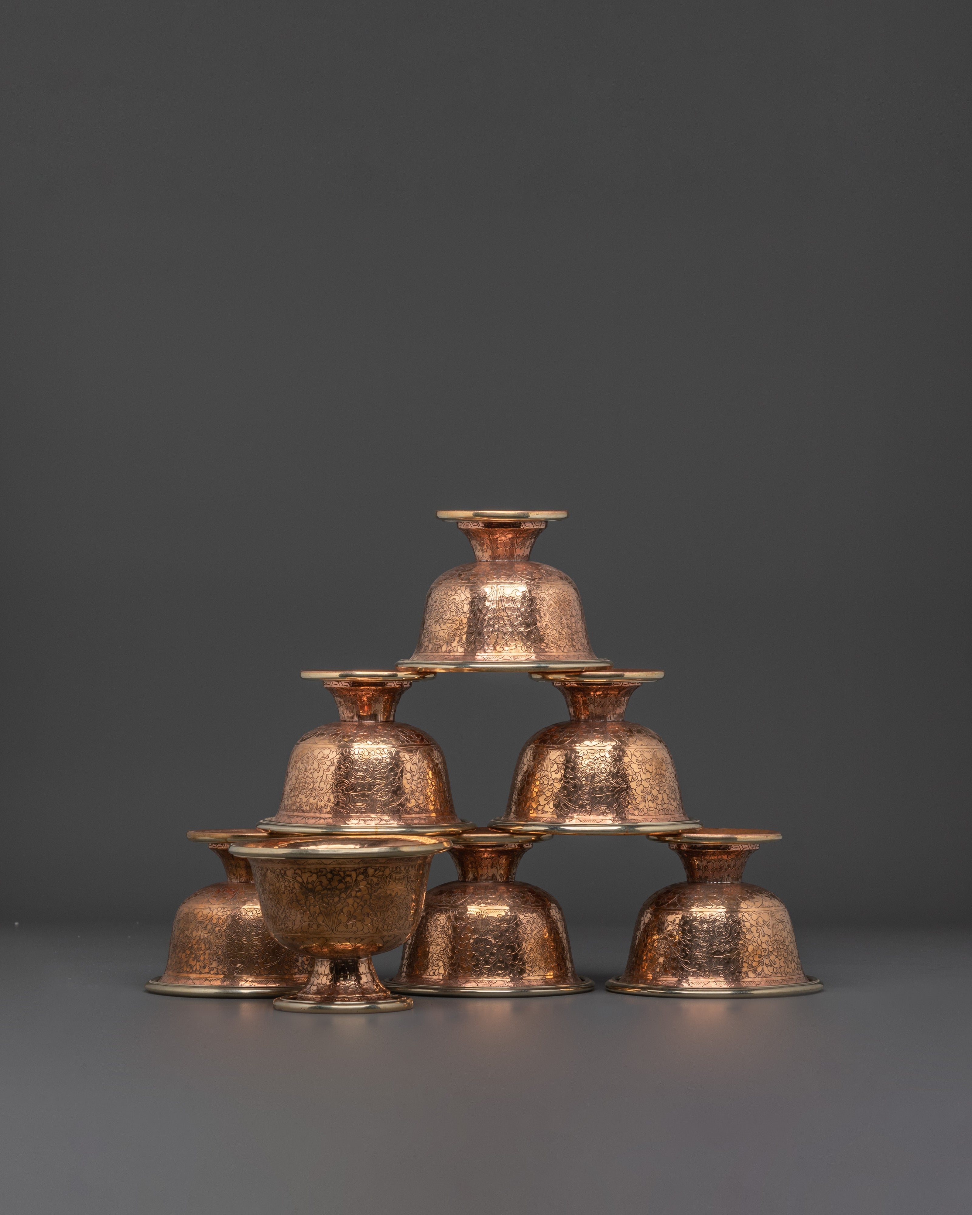 Handcrafted Copper Offering Bowls Set | Ritual Tools for Buddhist Altar