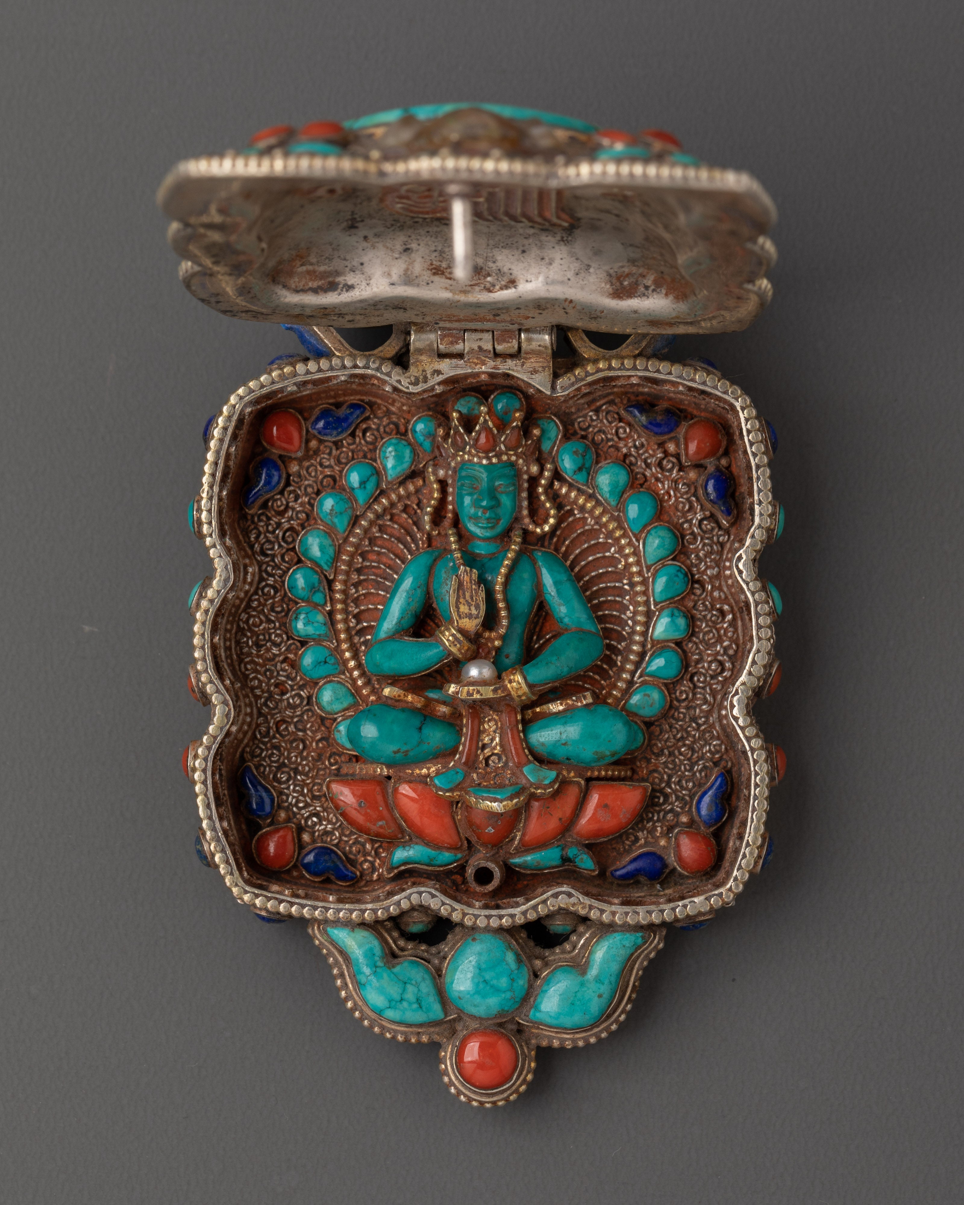 Tibetan Ghau Locket Charm | Silver Pendant with Turquoise