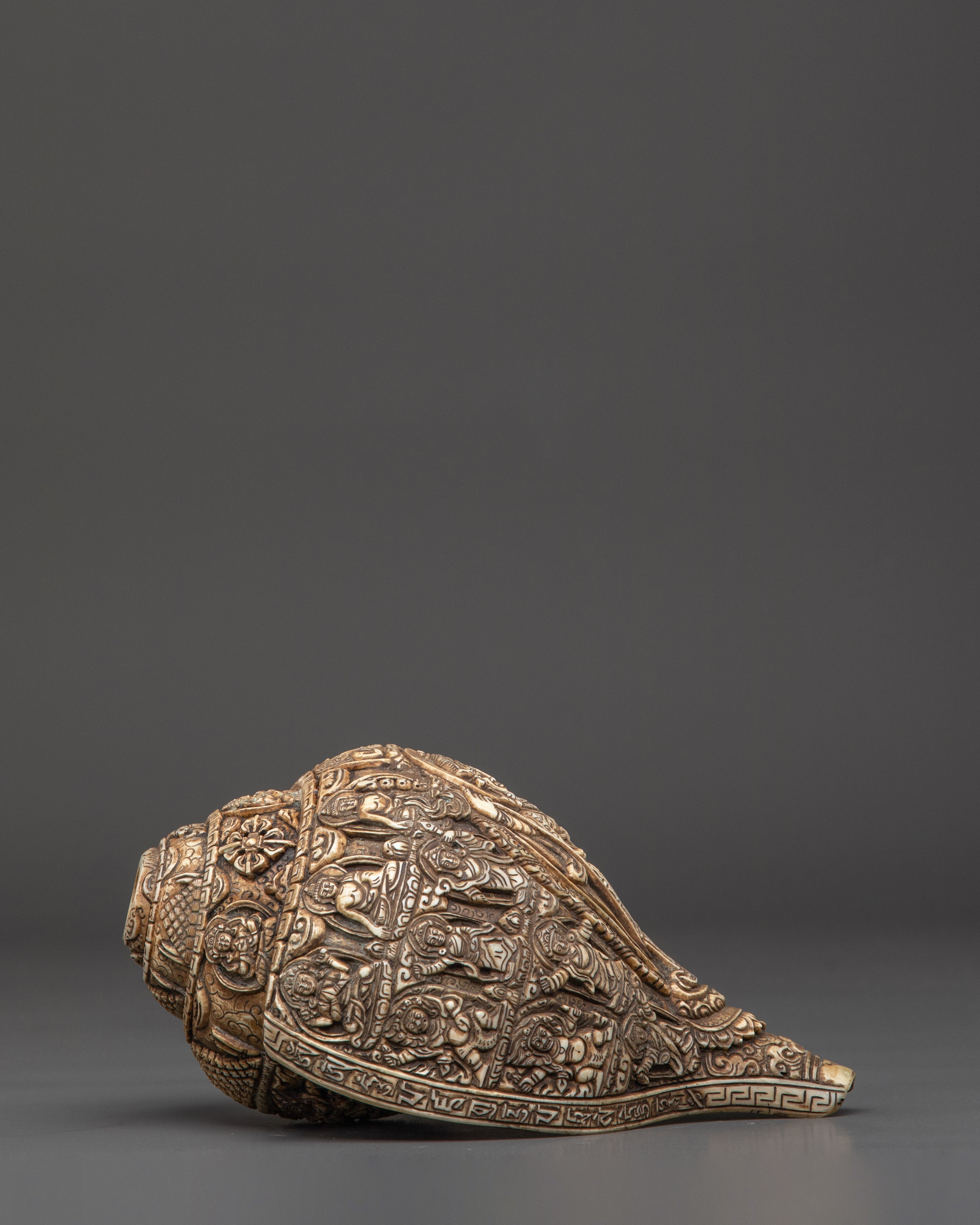 Carved Conch Shell with Buddhist Deity | Spiritual Buddhist Decor