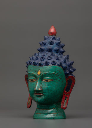 Large Brass Buddha Head Statue | Turquoise & Coral Inlay