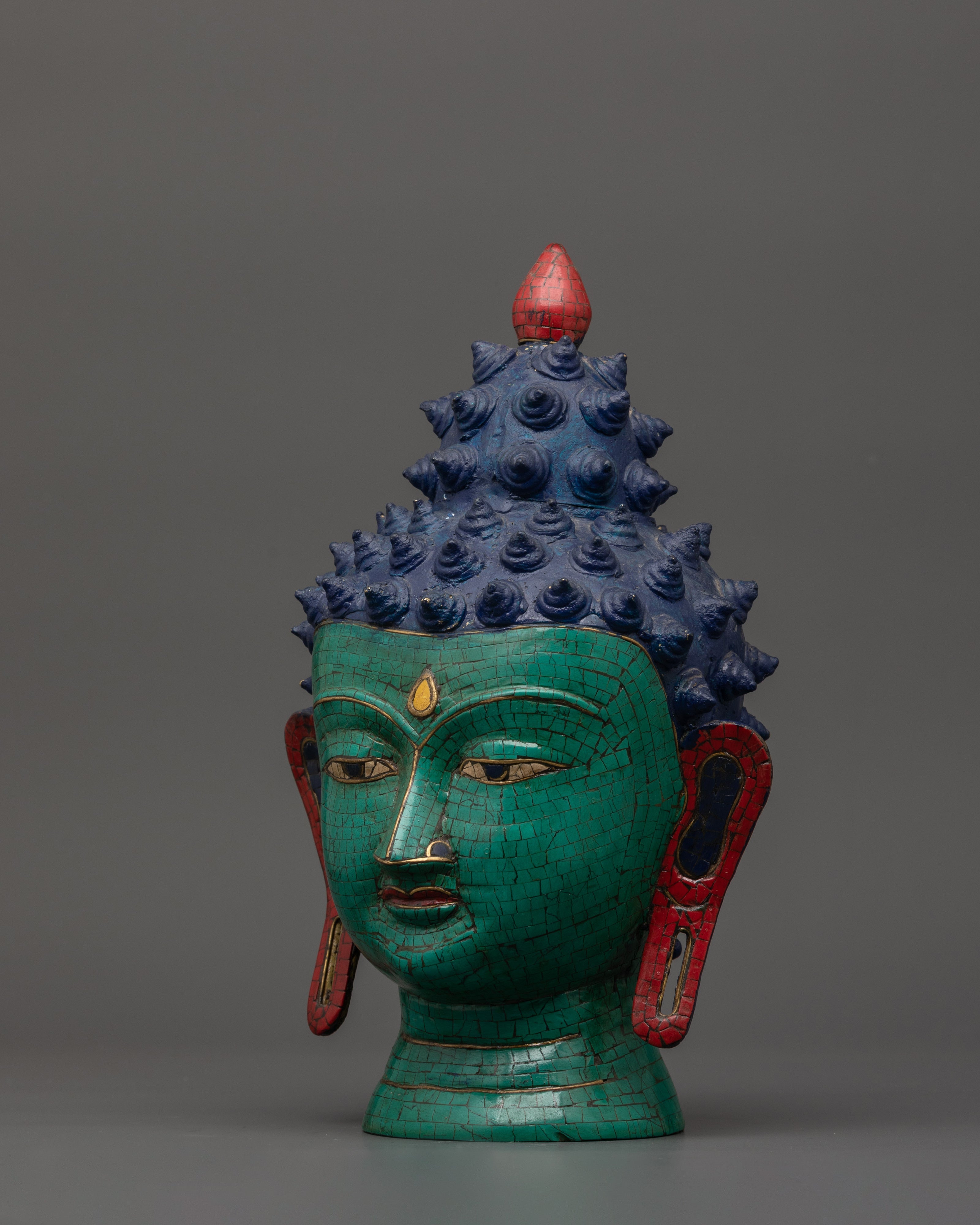 Large Brass Buddha Head Statue | Turquoise & Coral Inlay