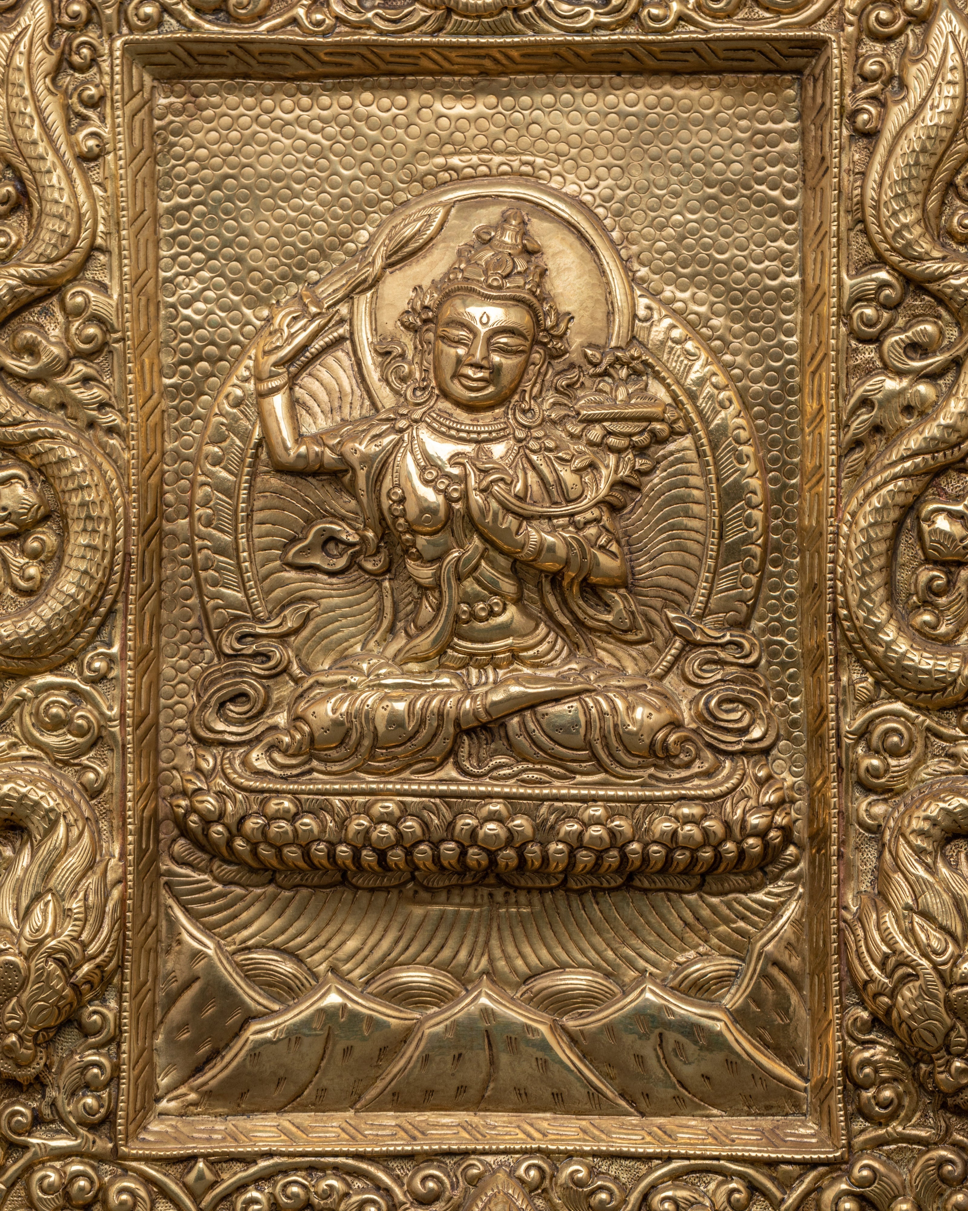Brass Tibetan Wall Hanging with Embossed Buddha & Dragon Design
