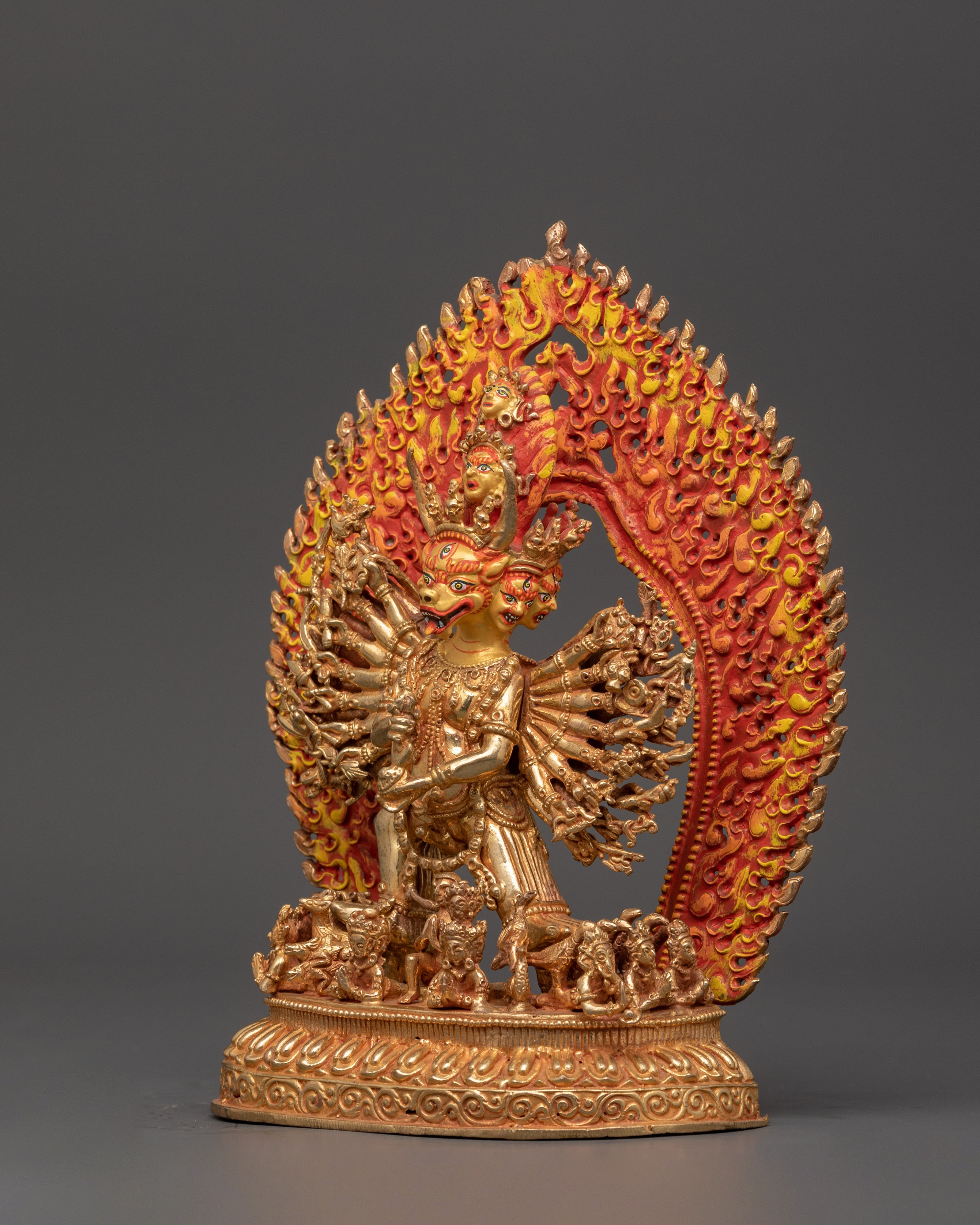 Wrathful Protector Deity, Yamantaka Gold-Plated Statue | Fierce Tibetan Buddhist Guardian