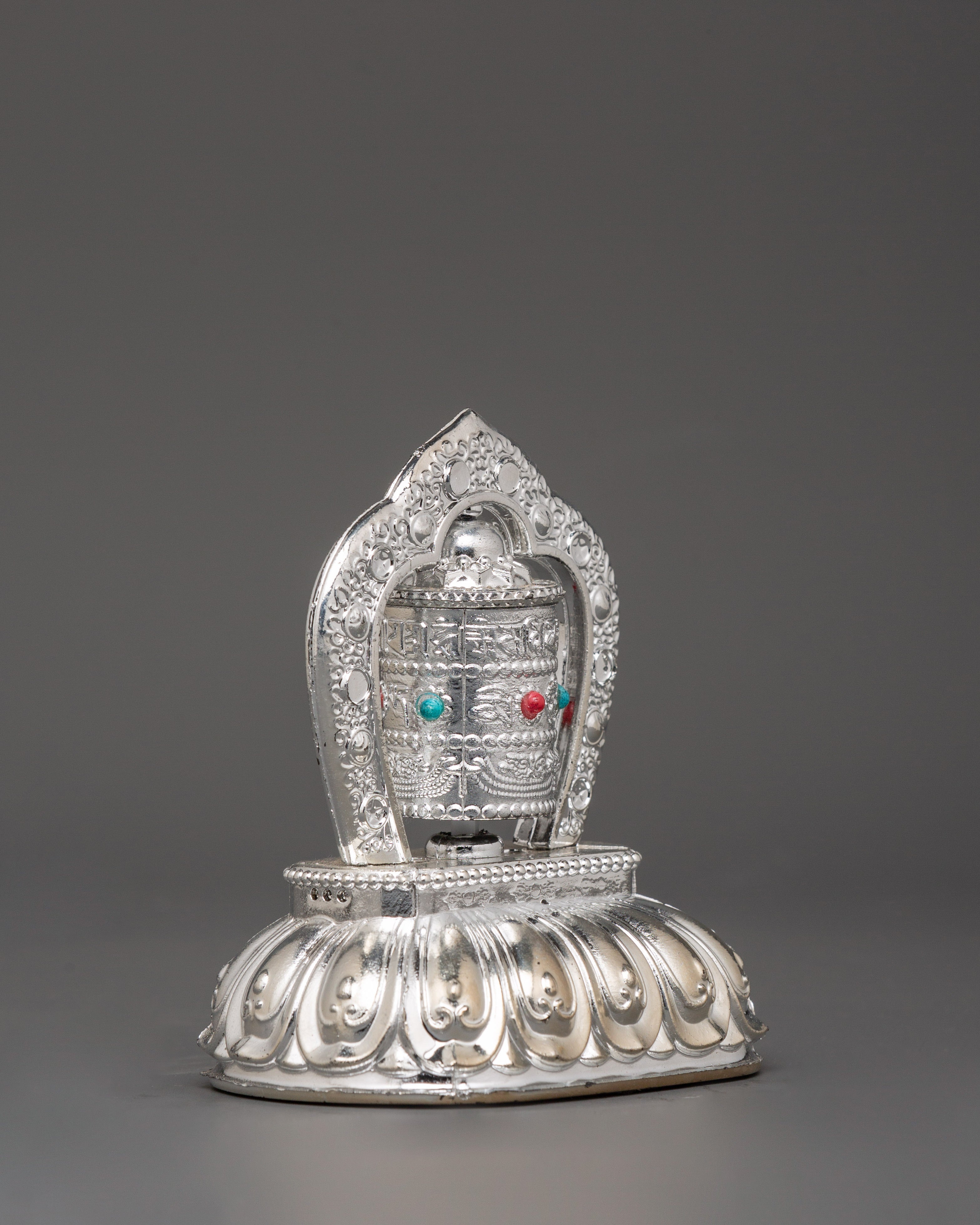 Tibetan Prayer Wheel with Turquoise & Coral Inlay | Buddhist Spiritual Decor