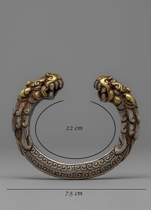Exquisite Newari Dragon-Head Bracelet | Vintage Silver Bracelet with Gold Accents