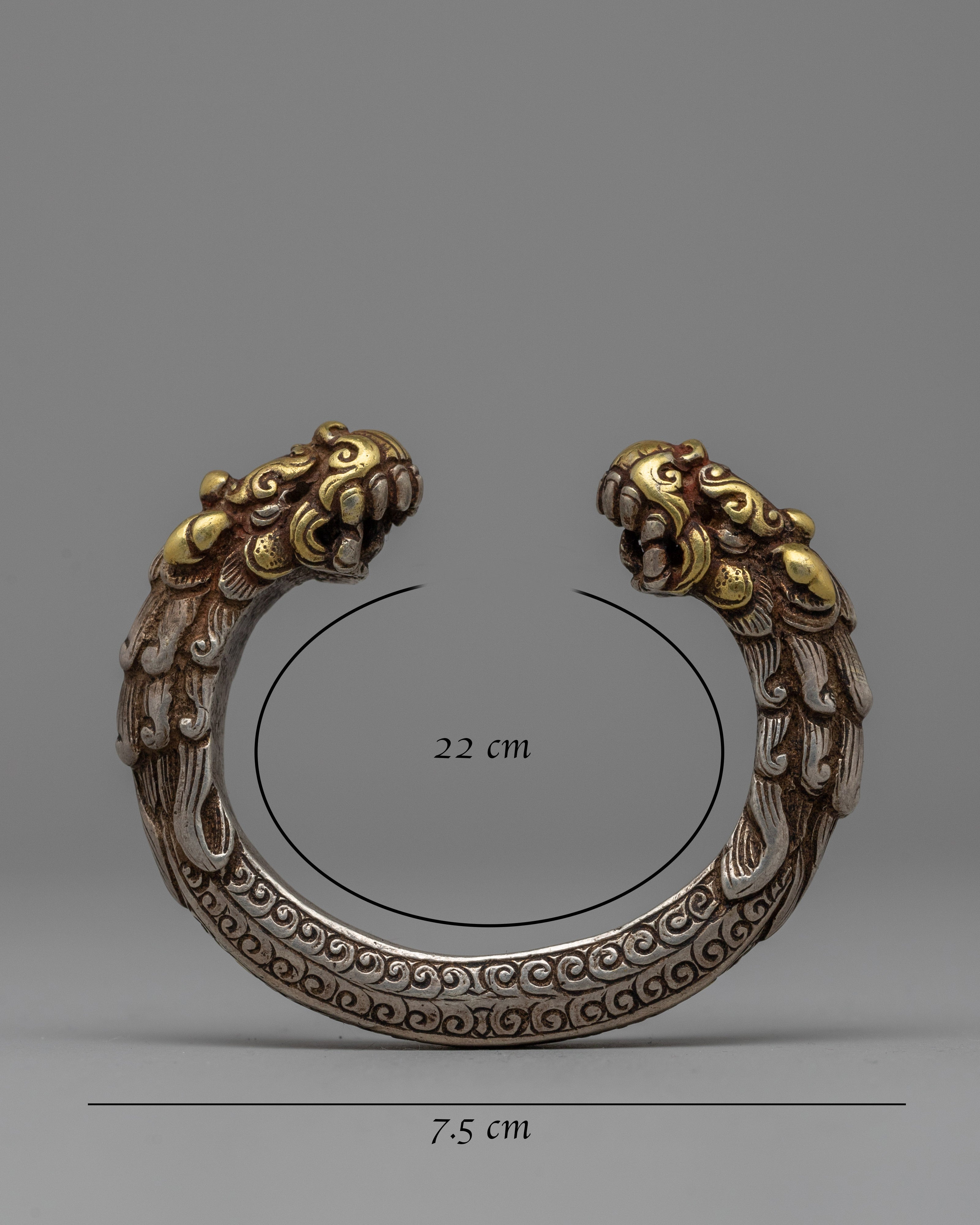 Exquisite Newari Dragon-Head Bracelet | Vintage Silver Bracelet with Gold Accents