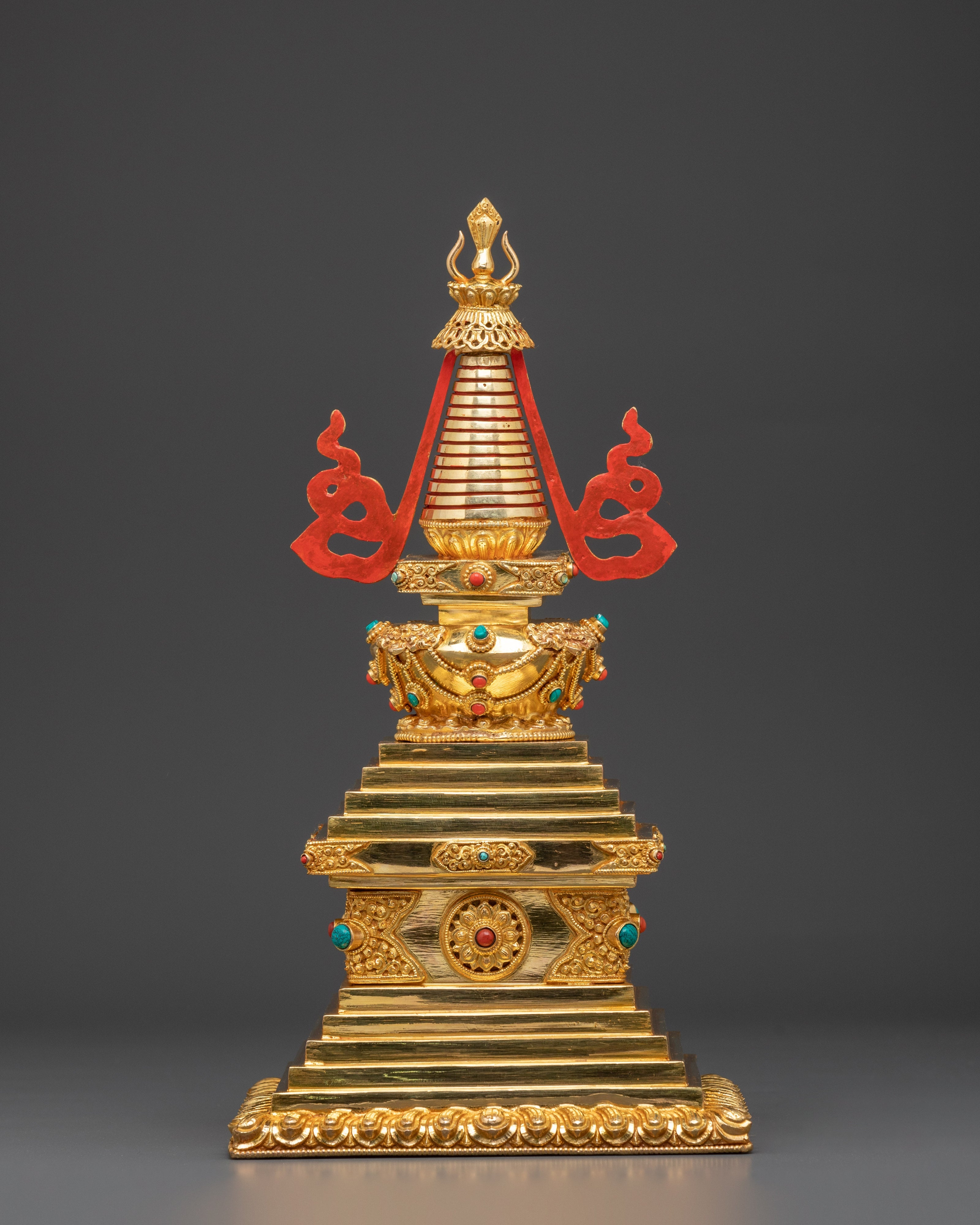 Gold Plated Buddhist Stupa for Rituals | Tibetan Copper Shrine