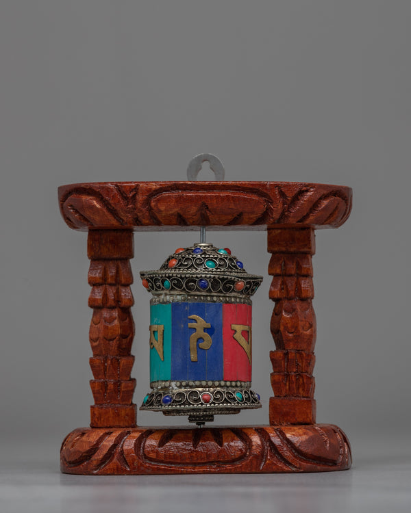 Compact Copper Prayer Wheel with Mantras and Stones