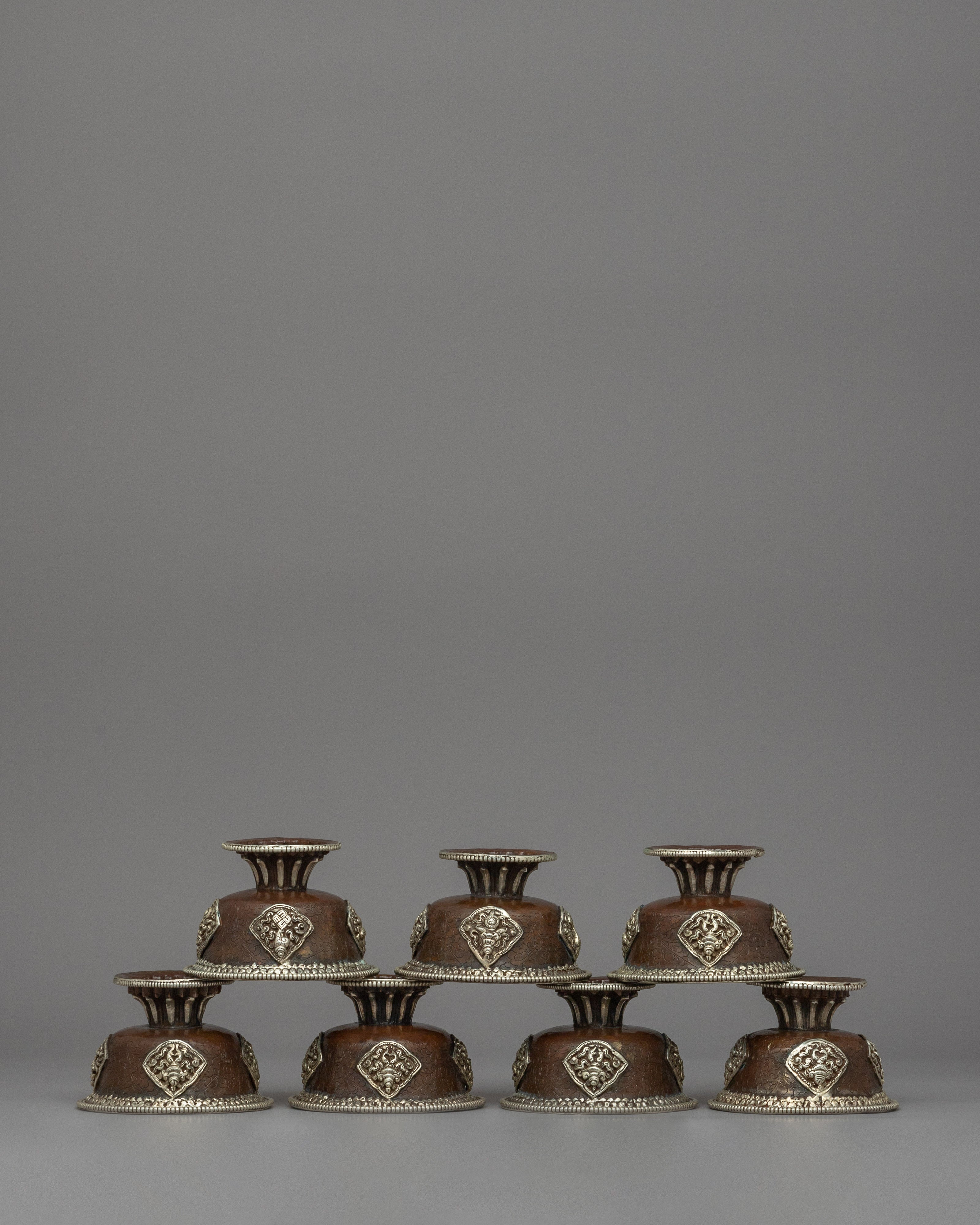 Seven Tibetan Offering Bowls | Beautiful Motifs for Rituals & Ceremonies