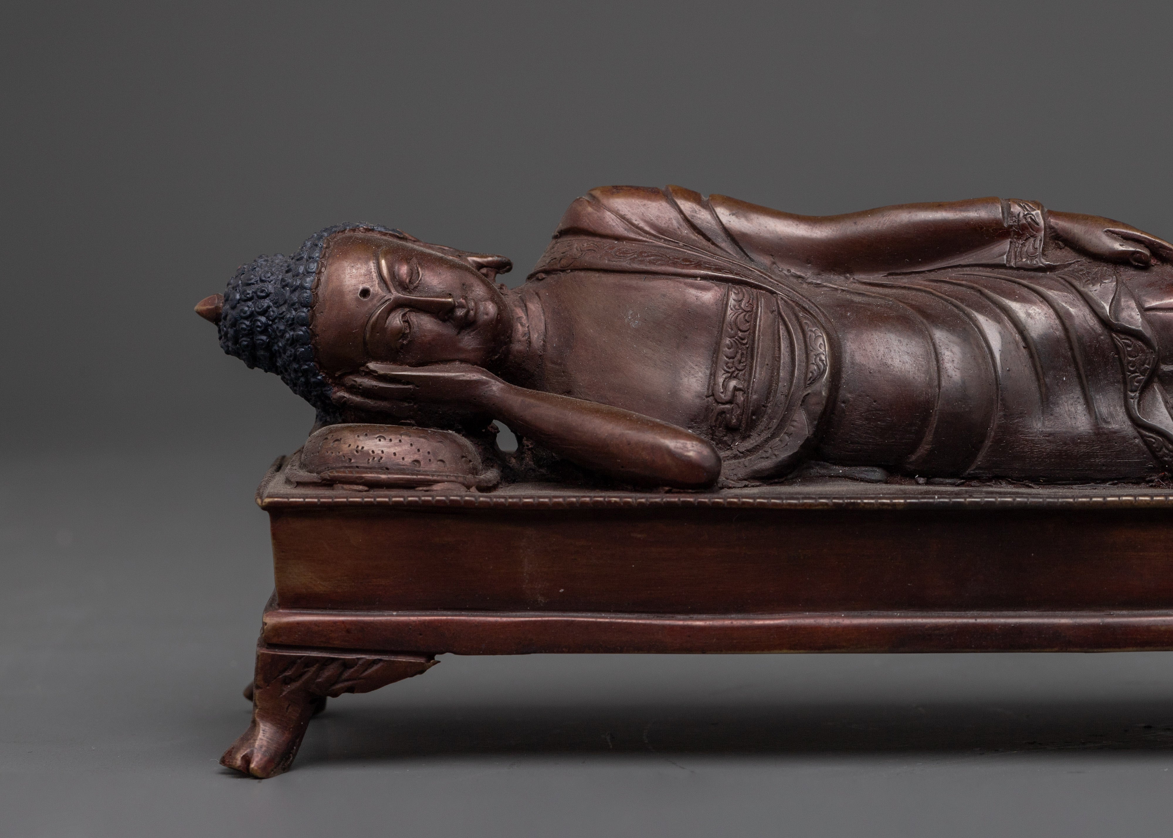 Historical Sleeping Buddha Statue | Handcrafted Oxidized Copper Reclining Buddha Figurine