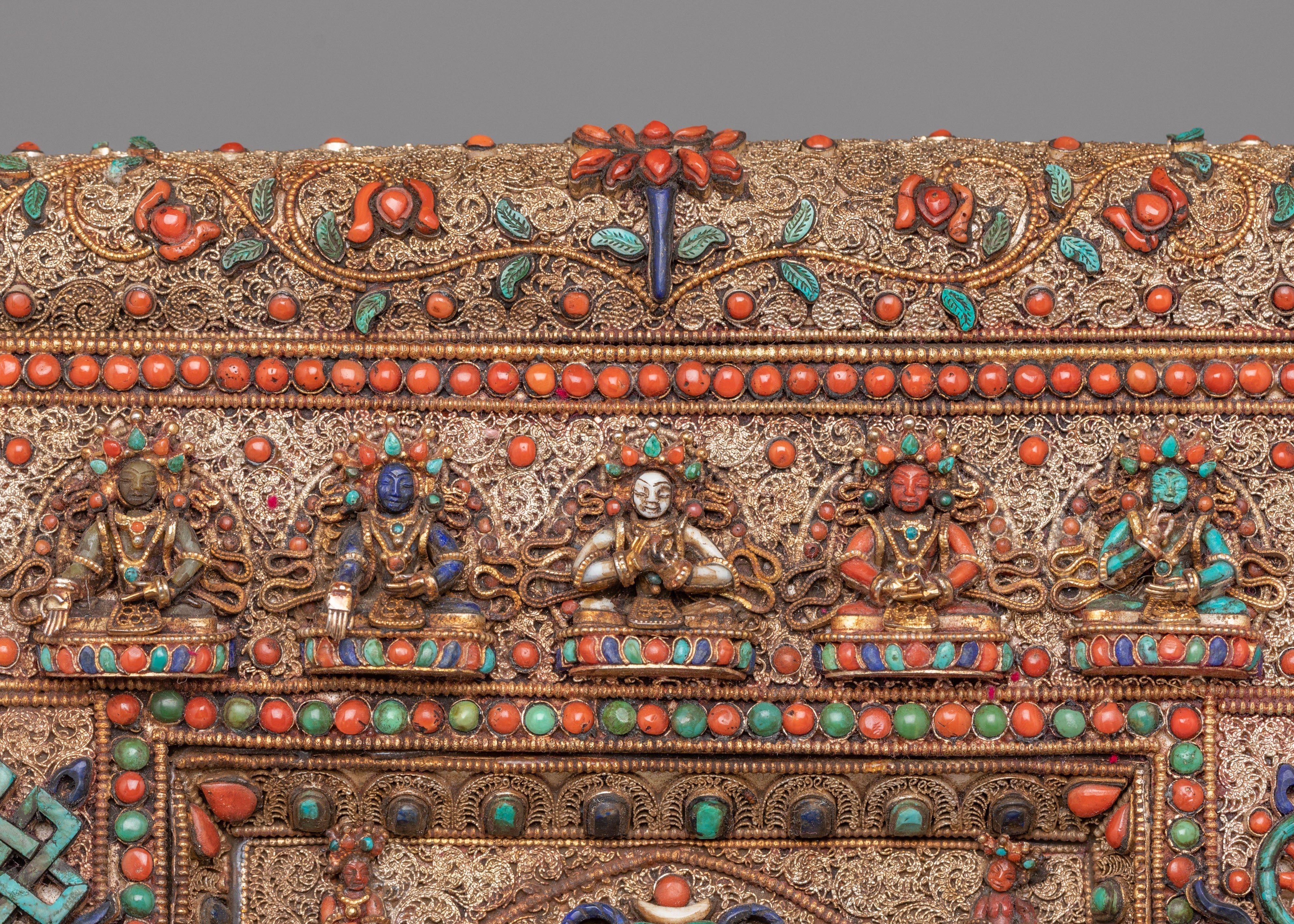 Buddhist Long Life Buddha Metal Thangka | Exclusive Silver and Gemstone Metal Thangka