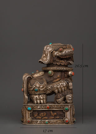 Tibetan Snow Lion Statue Set | Spiritual Decor with Antique Finish