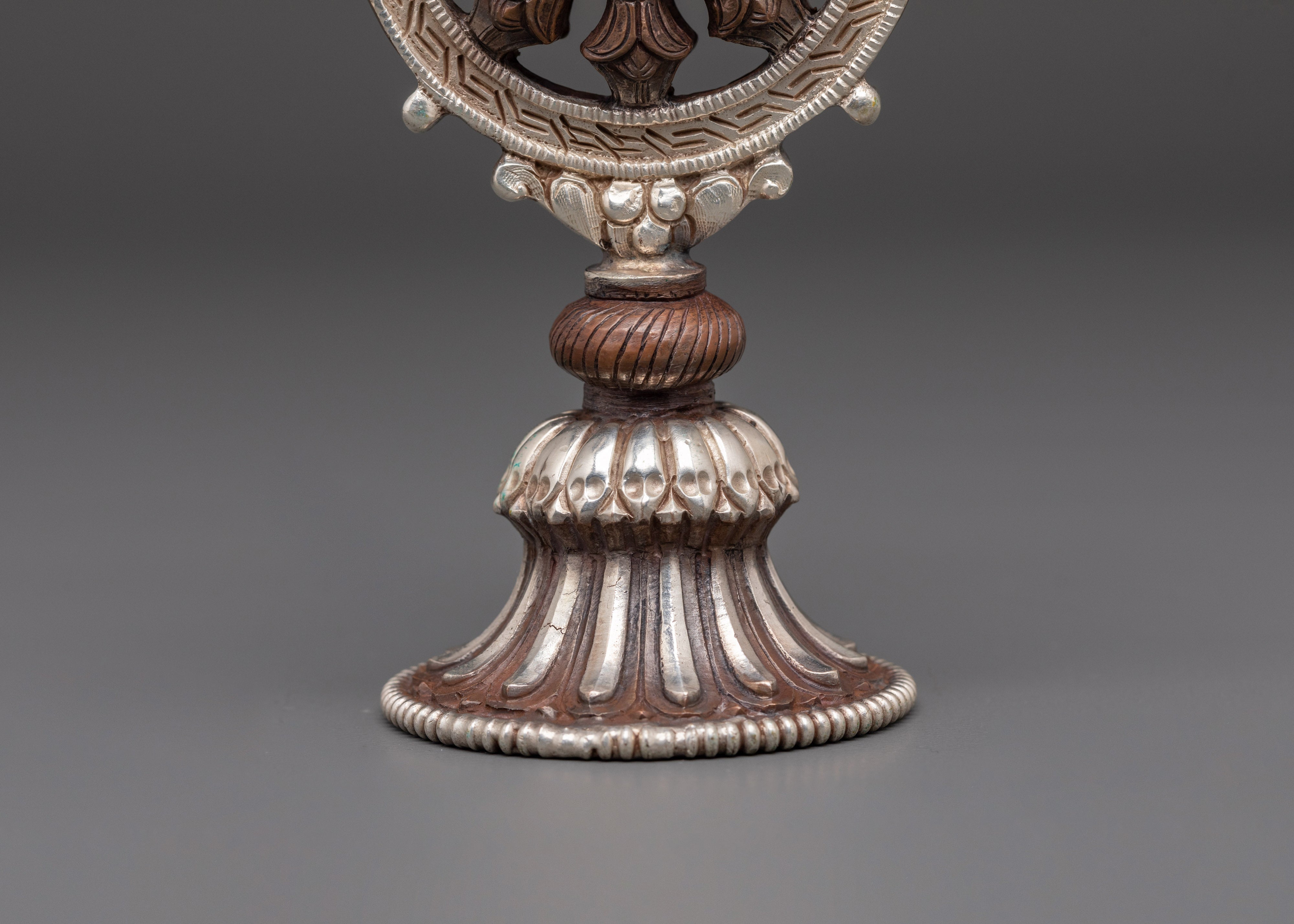 Oxidized Copper Dharma Wheel | Buddhist Altar Symbol