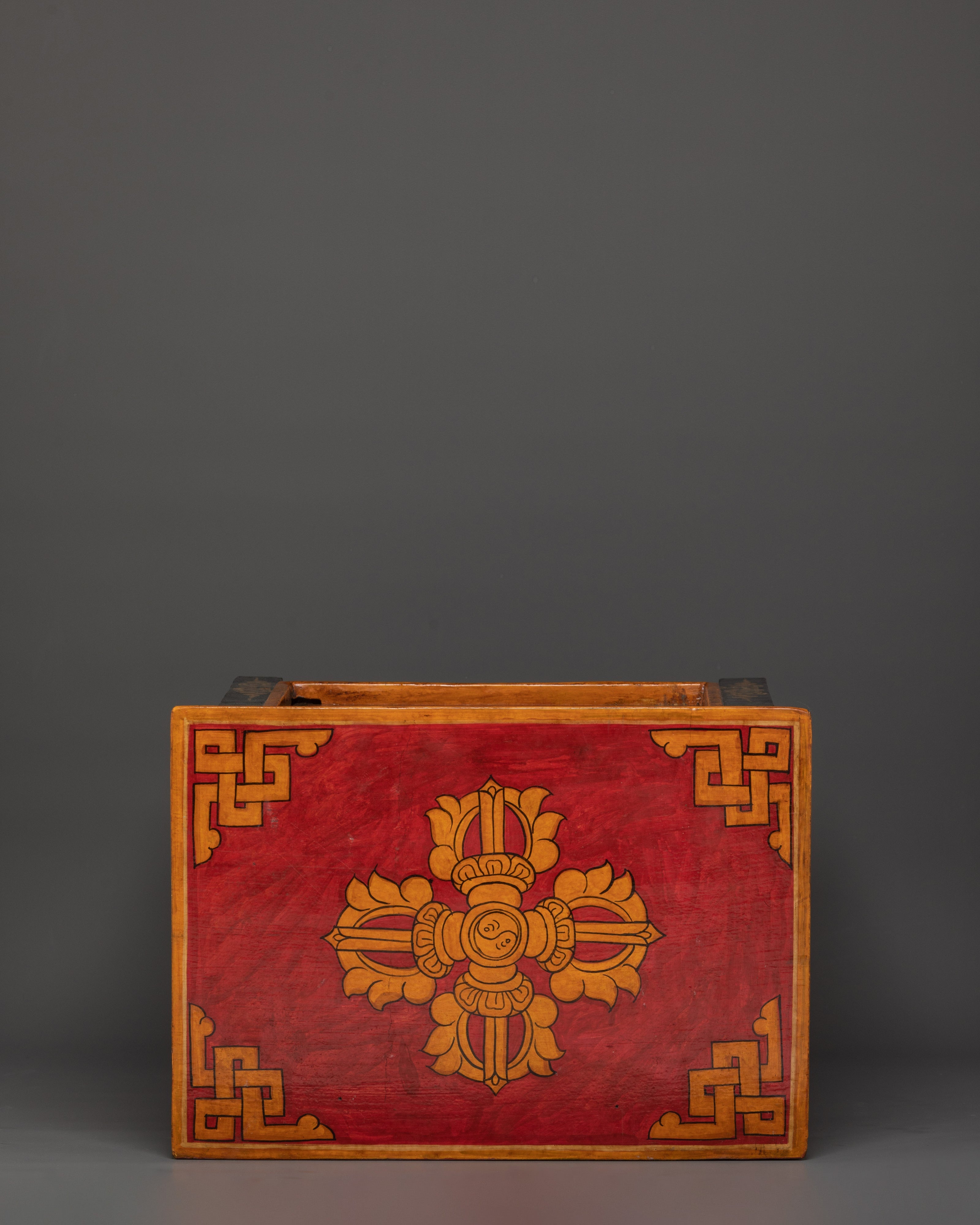 Handcarved Tibetan Wood Cabinet | Engraved Snow Lion Guardian