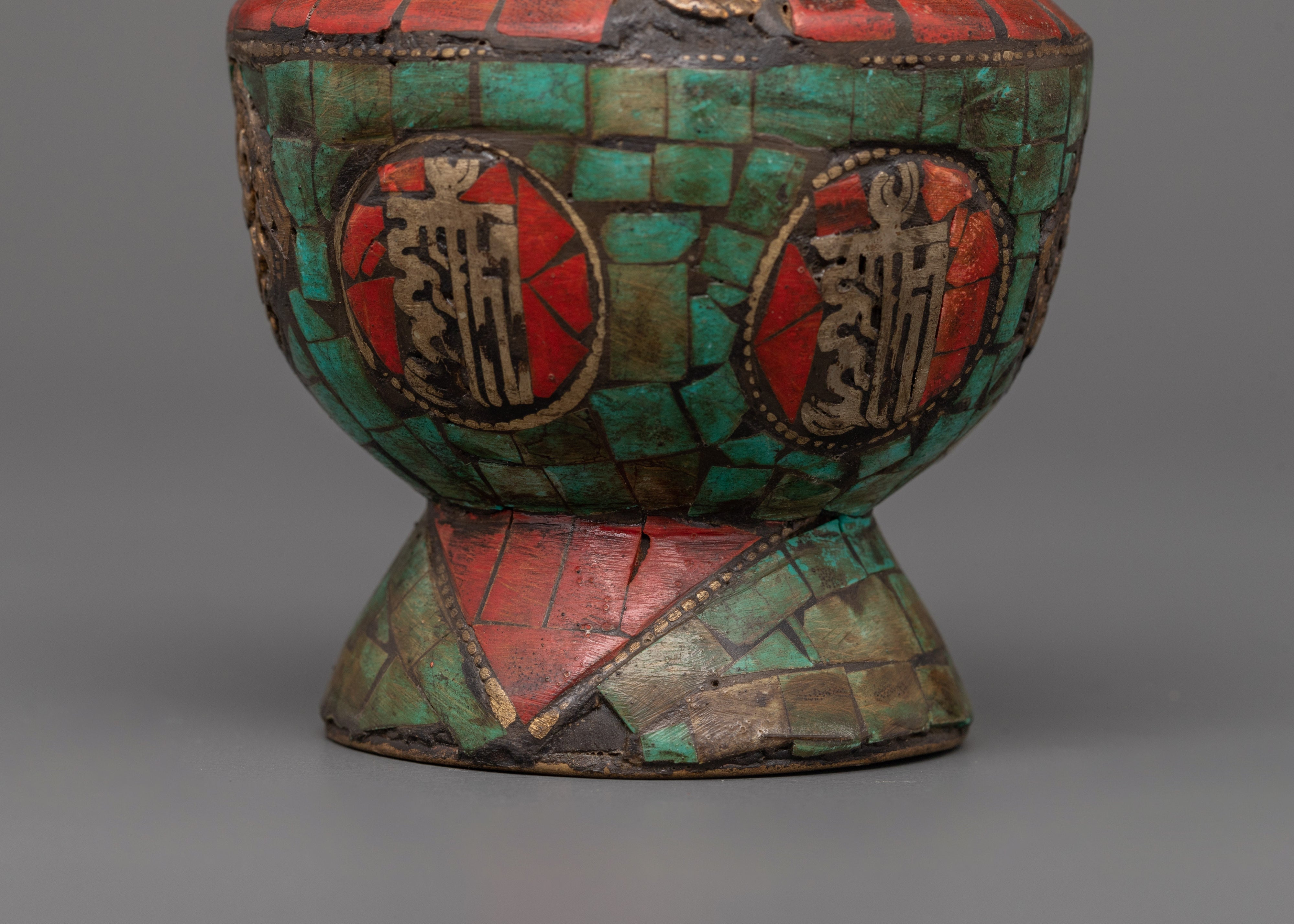 Tibetan Bhumba with Turquoise & Coral Inlay | Ritual Water Vase with Tibetan Symbols