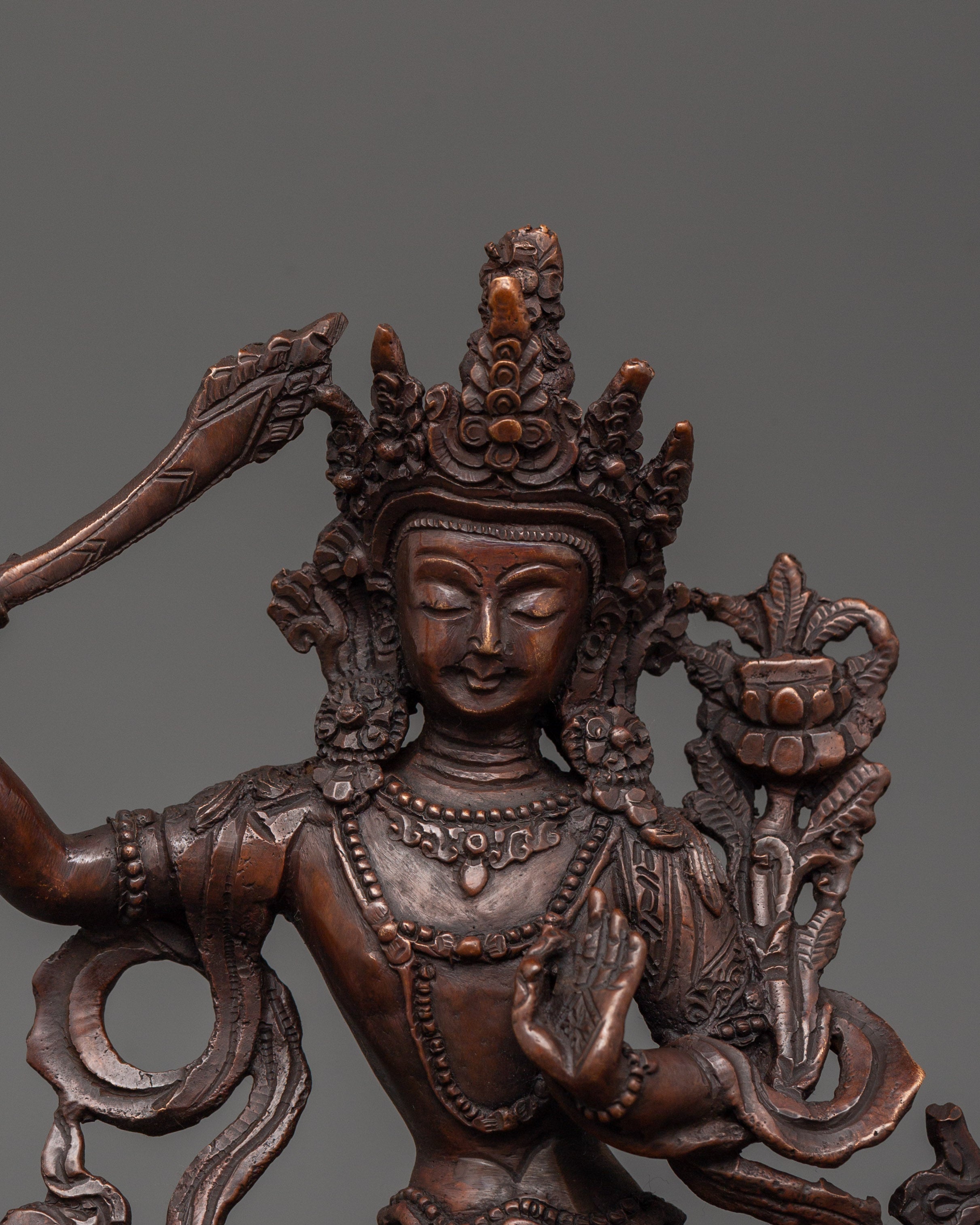 Sacred Manjushri Sculpture | Oxidized Copper Buddhist Bodhisattva of Wisdom