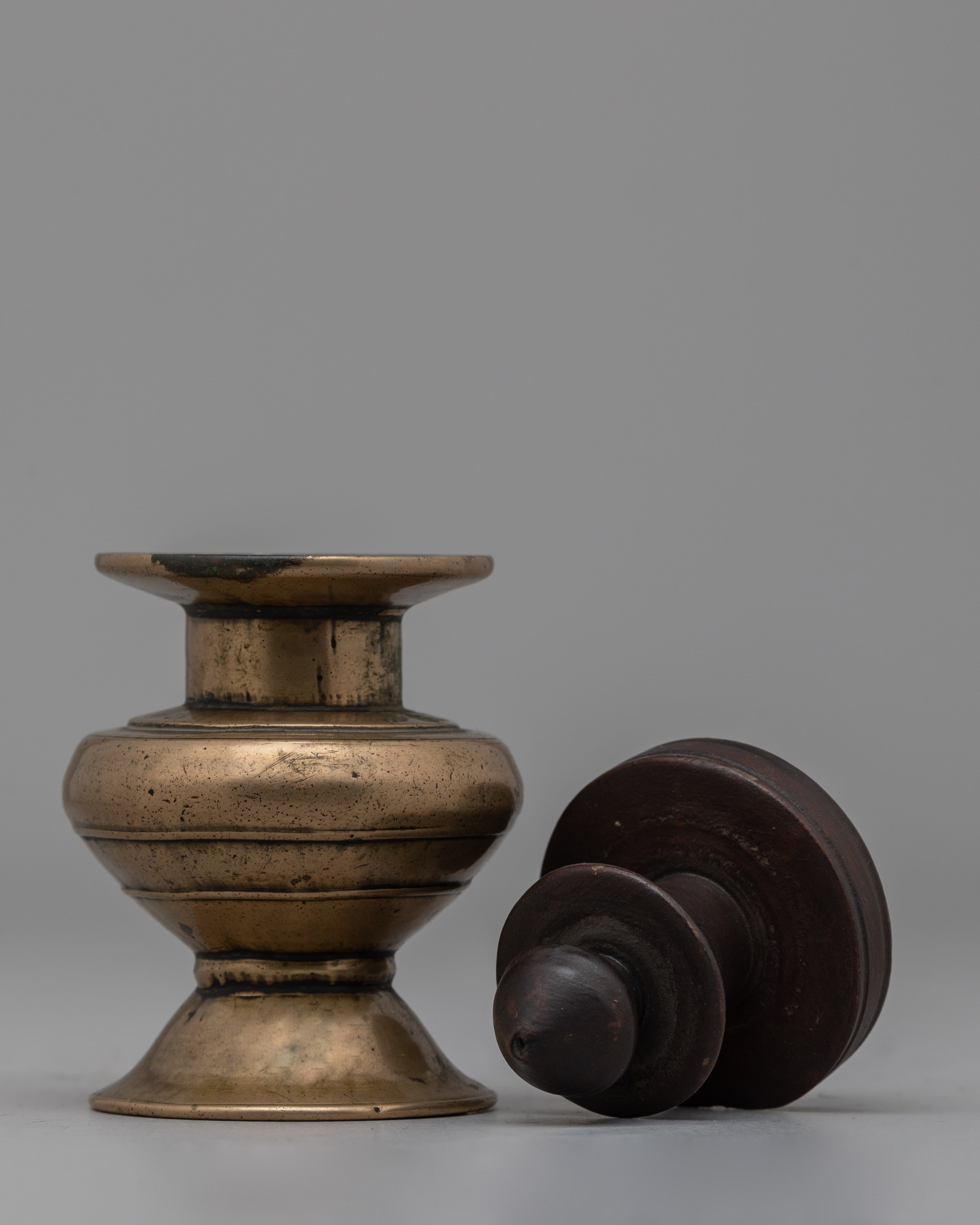 Traditional Tibetan Inkpot | Bronze and Wood Writing Tool for Rituals and Decor