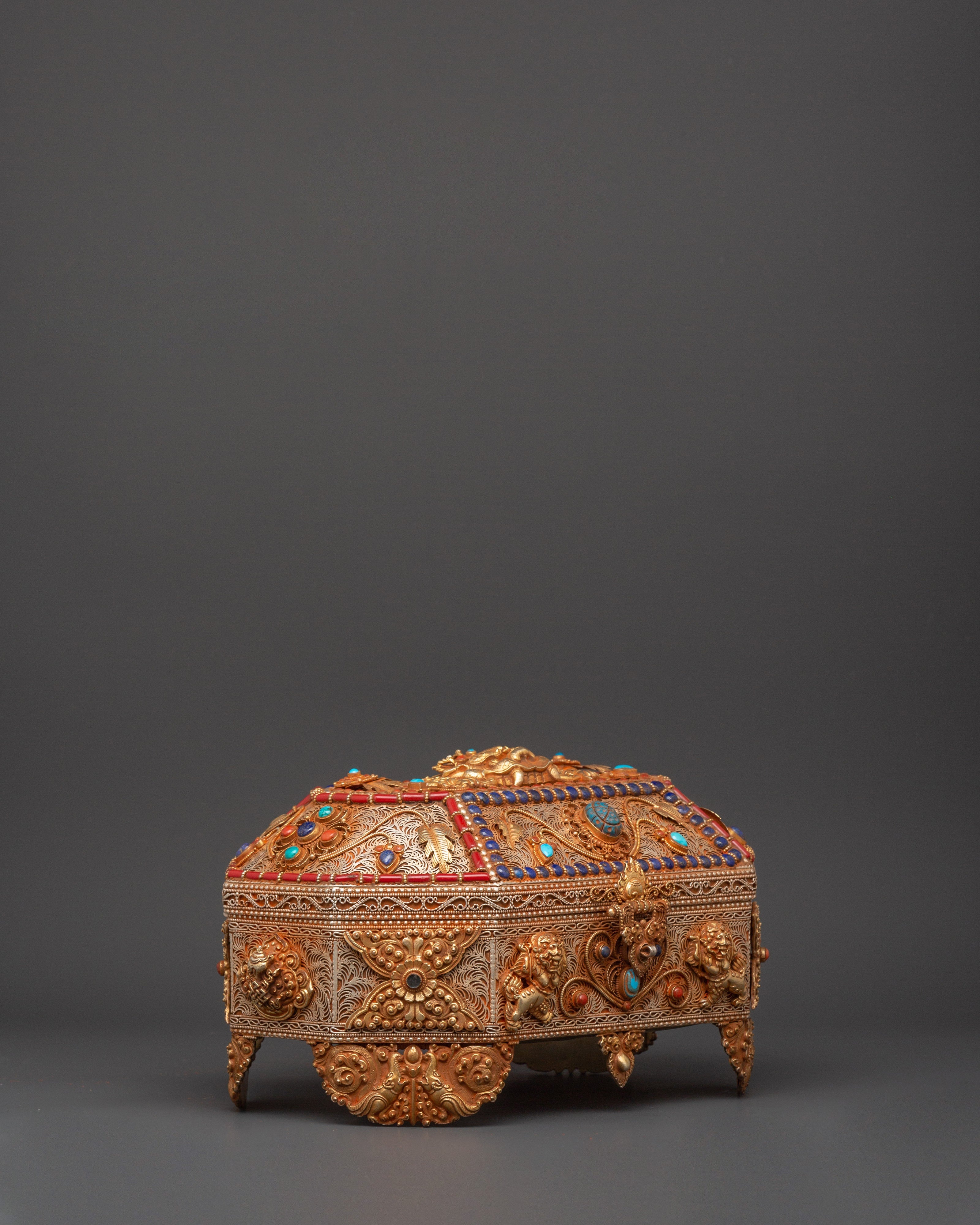 Tibetan Decorative Treasure Box | Buddhist Treasure Box with Turquoise & Coral Inlays