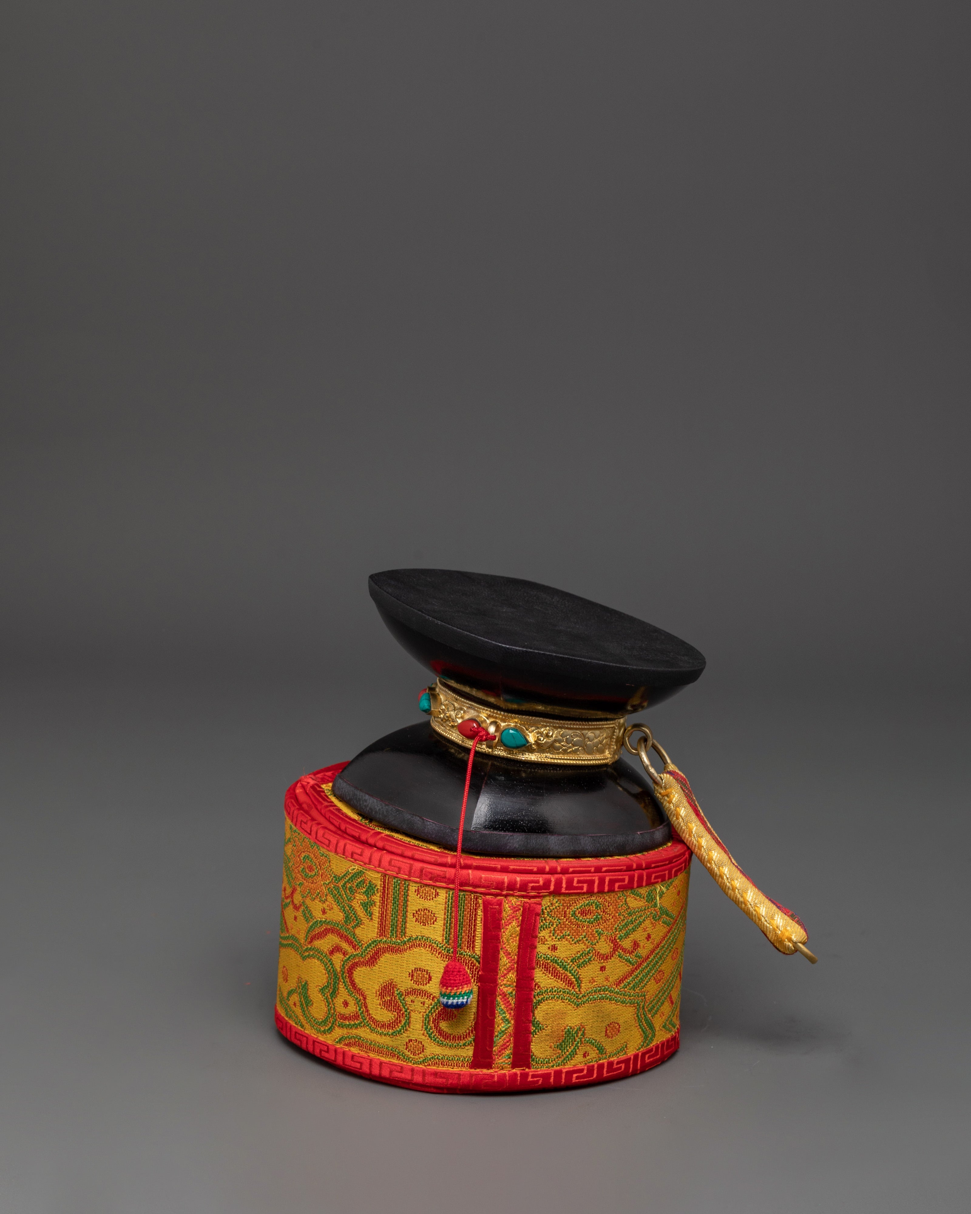 Handheld Acacia Wood Damaru | Tibetan Ritual Drum with Gold Plated