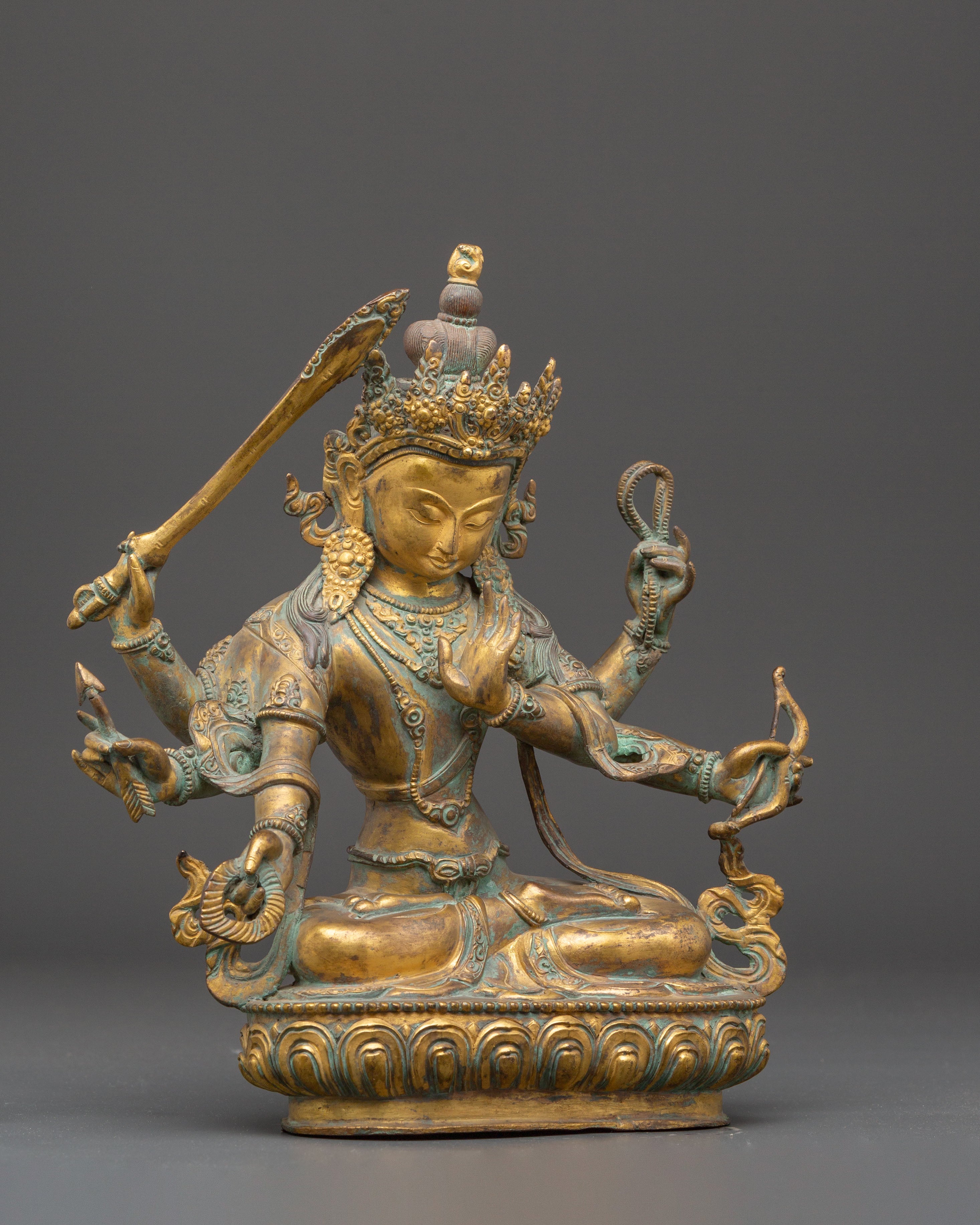 Handmade Maha Manjushri Statue | Antique Tibetan Copper Sculpture