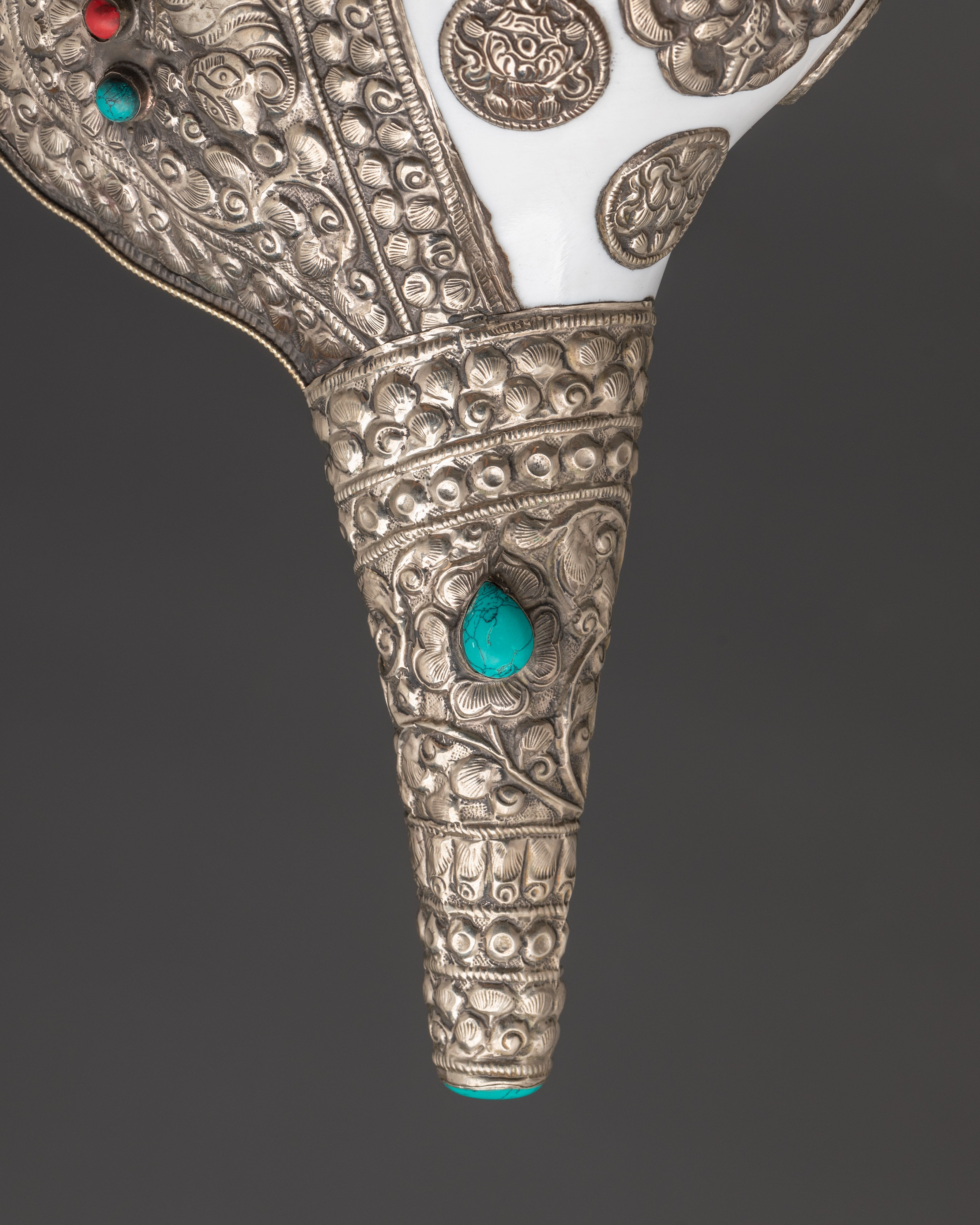 Handcrafted Puja Conch Shell | Tibetan Shankha with Brass and Turquoise Stone