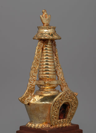 Discover a handcrafted Buddhist Stupa with gold-plated copper and bronze | Tibetan Shrine Artifact for Spiritual Rituals