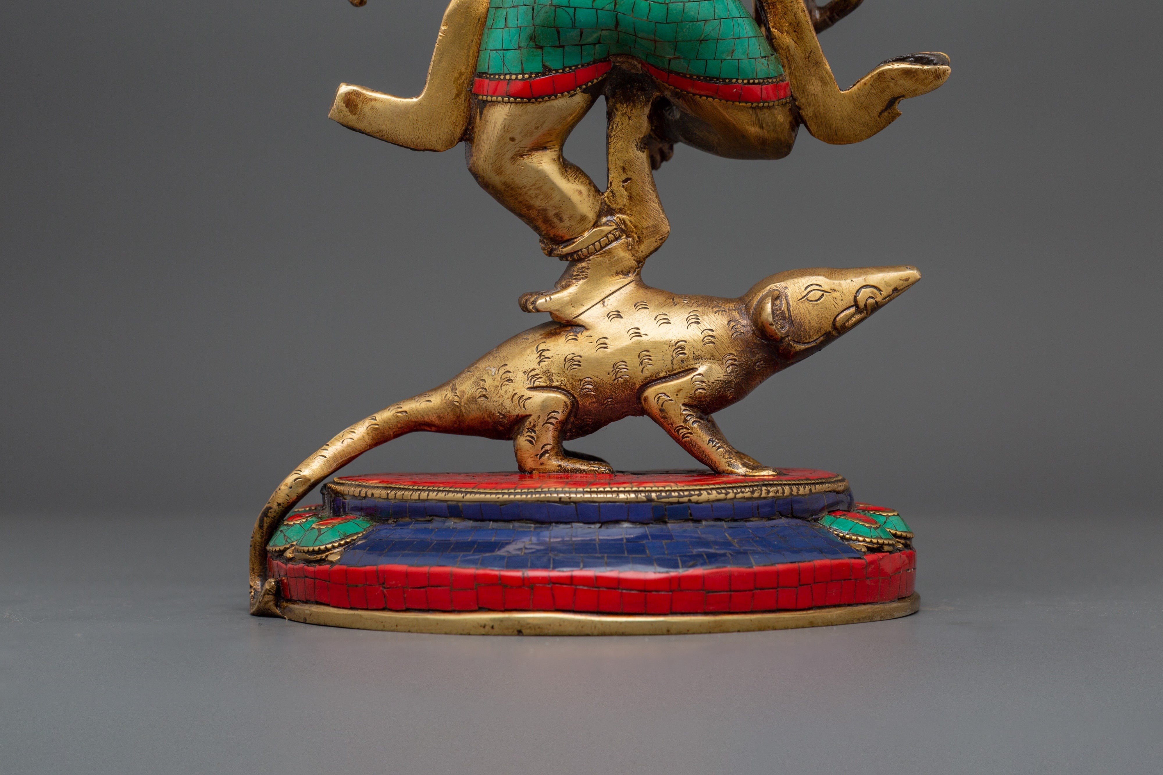 Lord Ganesh In Dance Posture Statue | Brass Ganesh Statue with Turquoise & Coral