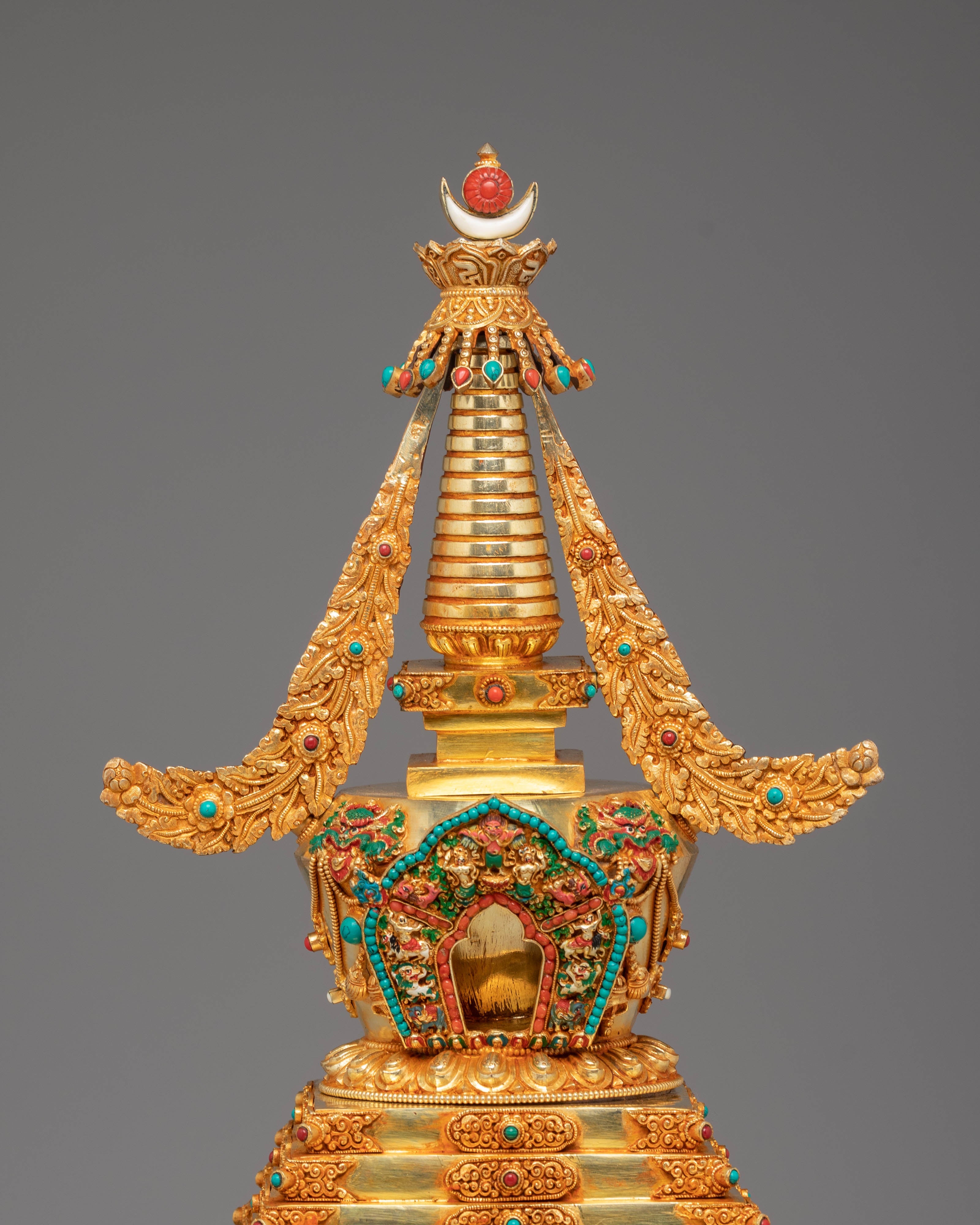 Golden Copper Tibetan Stupa | Sacred Buddhist Shrine Decor