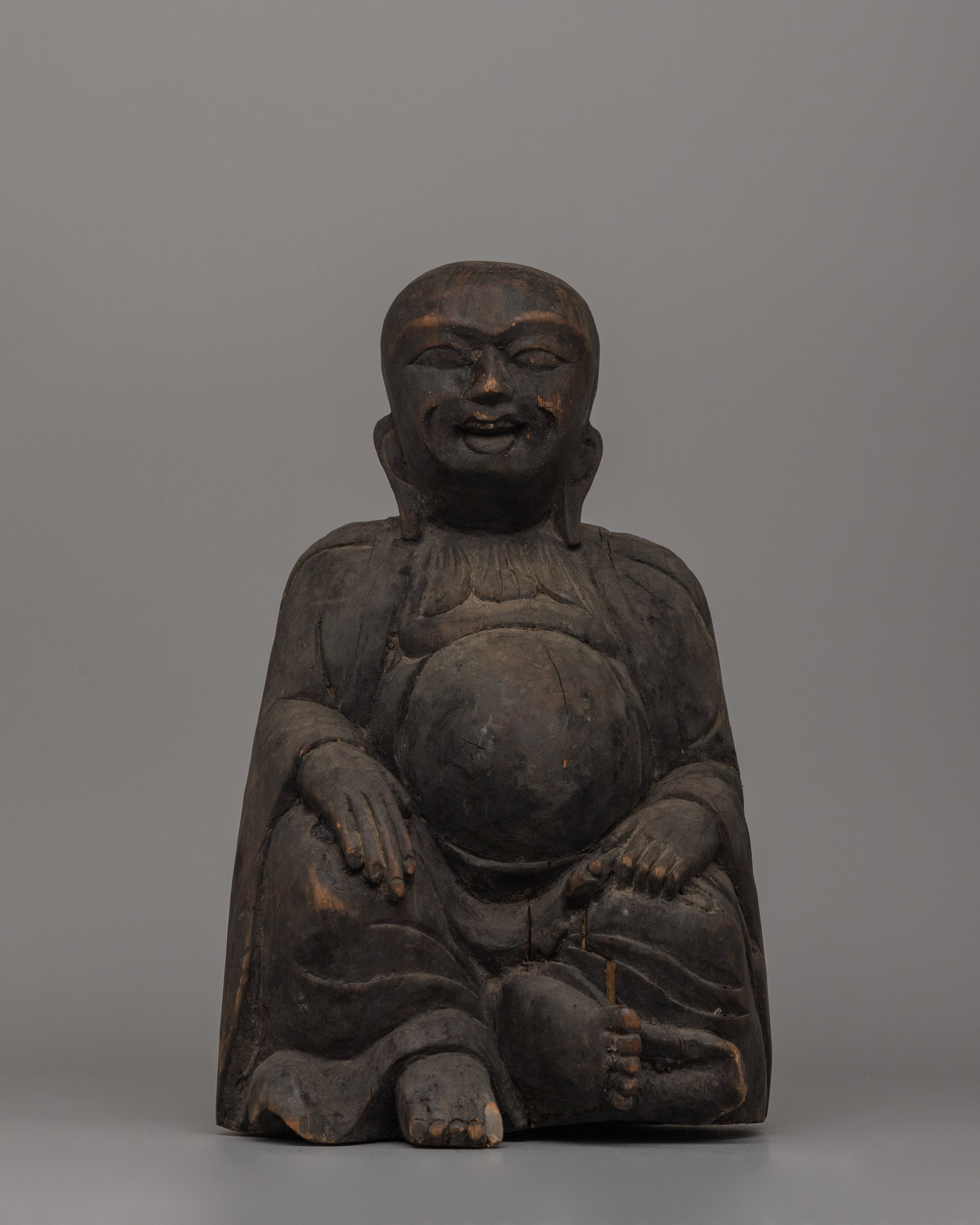 Hand-Carved Wooden Laughing Buddha 