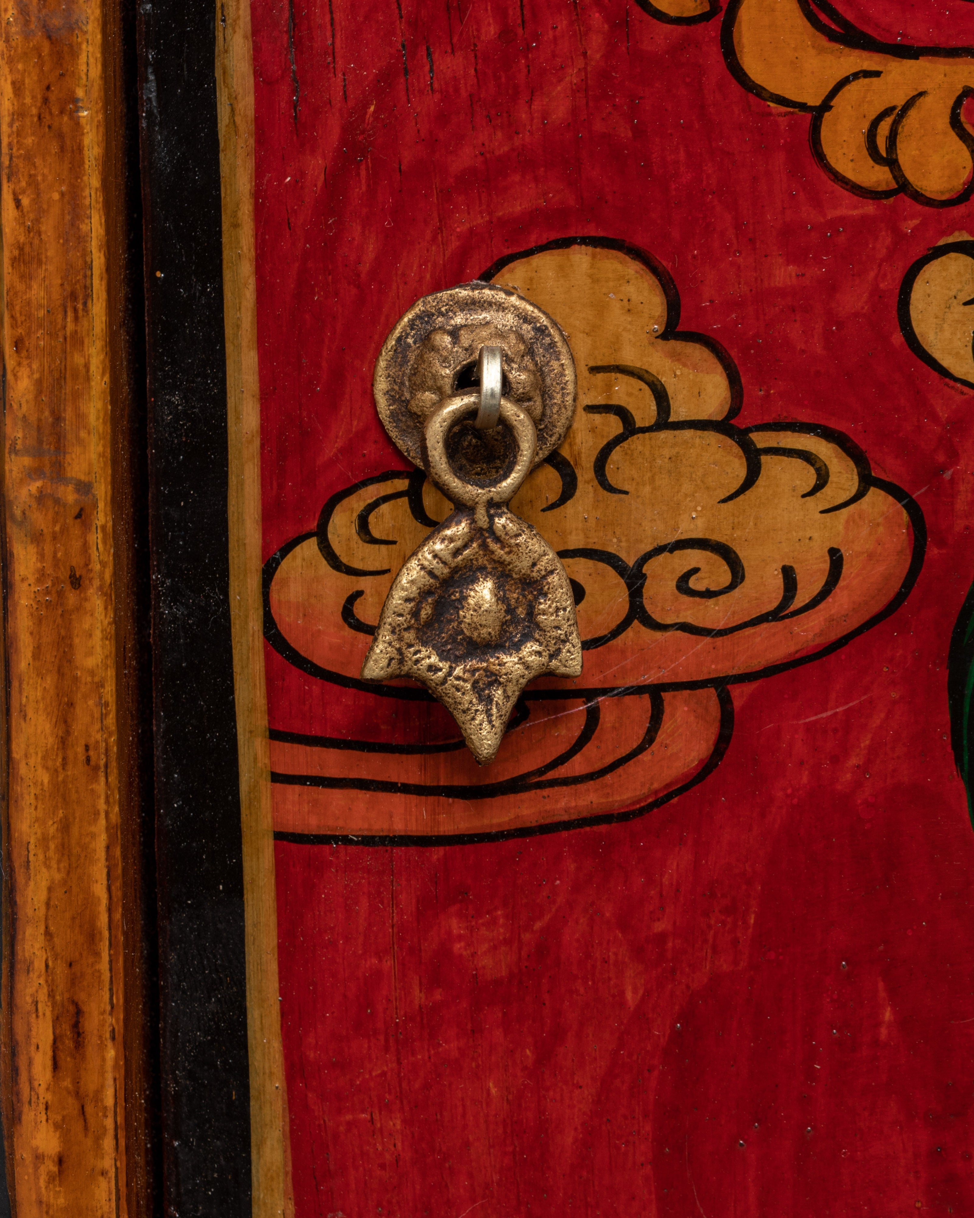 Handcarved Tibetan Wood Cabinet | Engraved Snow Lion Guardian