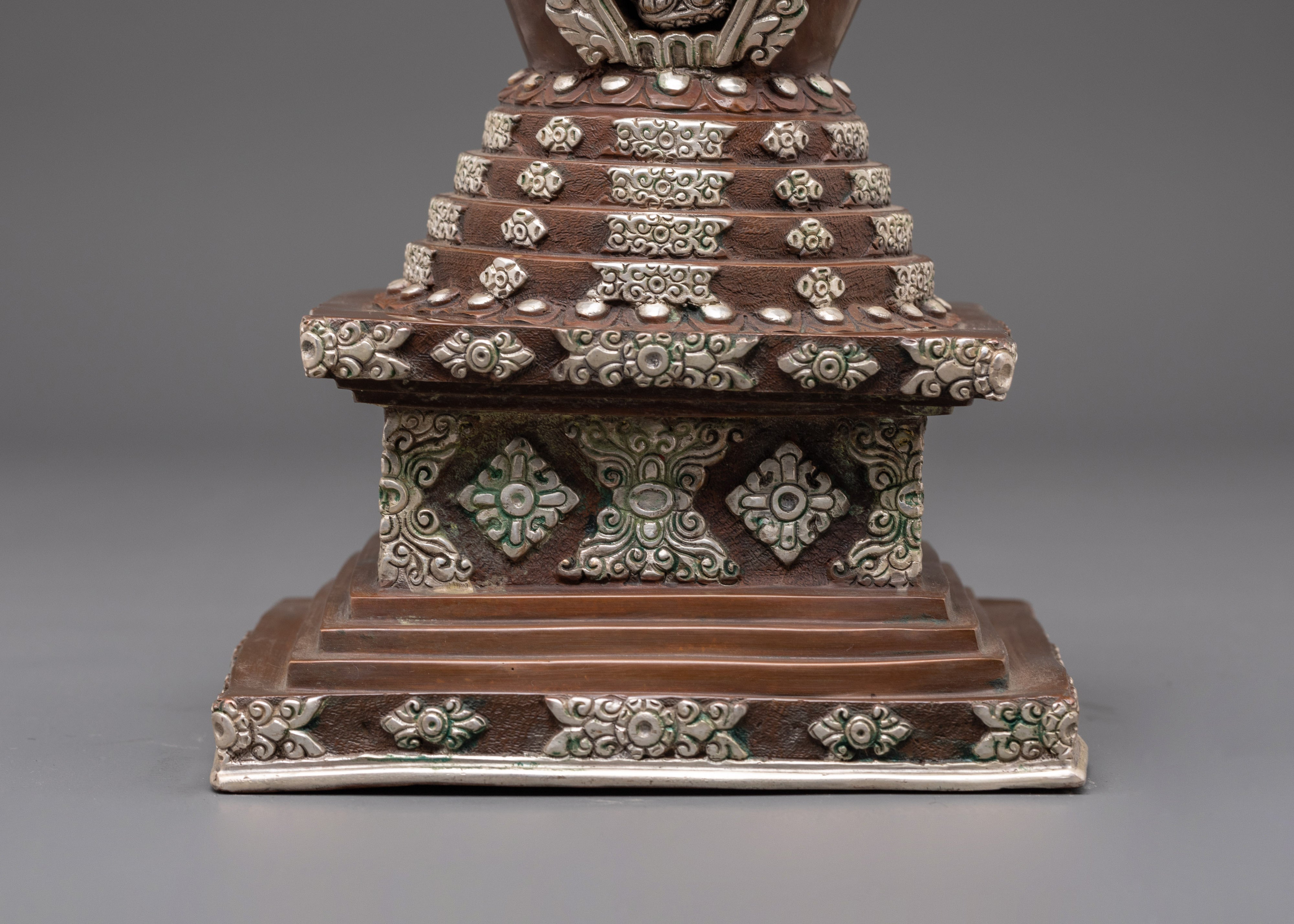 Handcrafted Stupa with Protective Deity | Silver Plated Tibetan Stupa