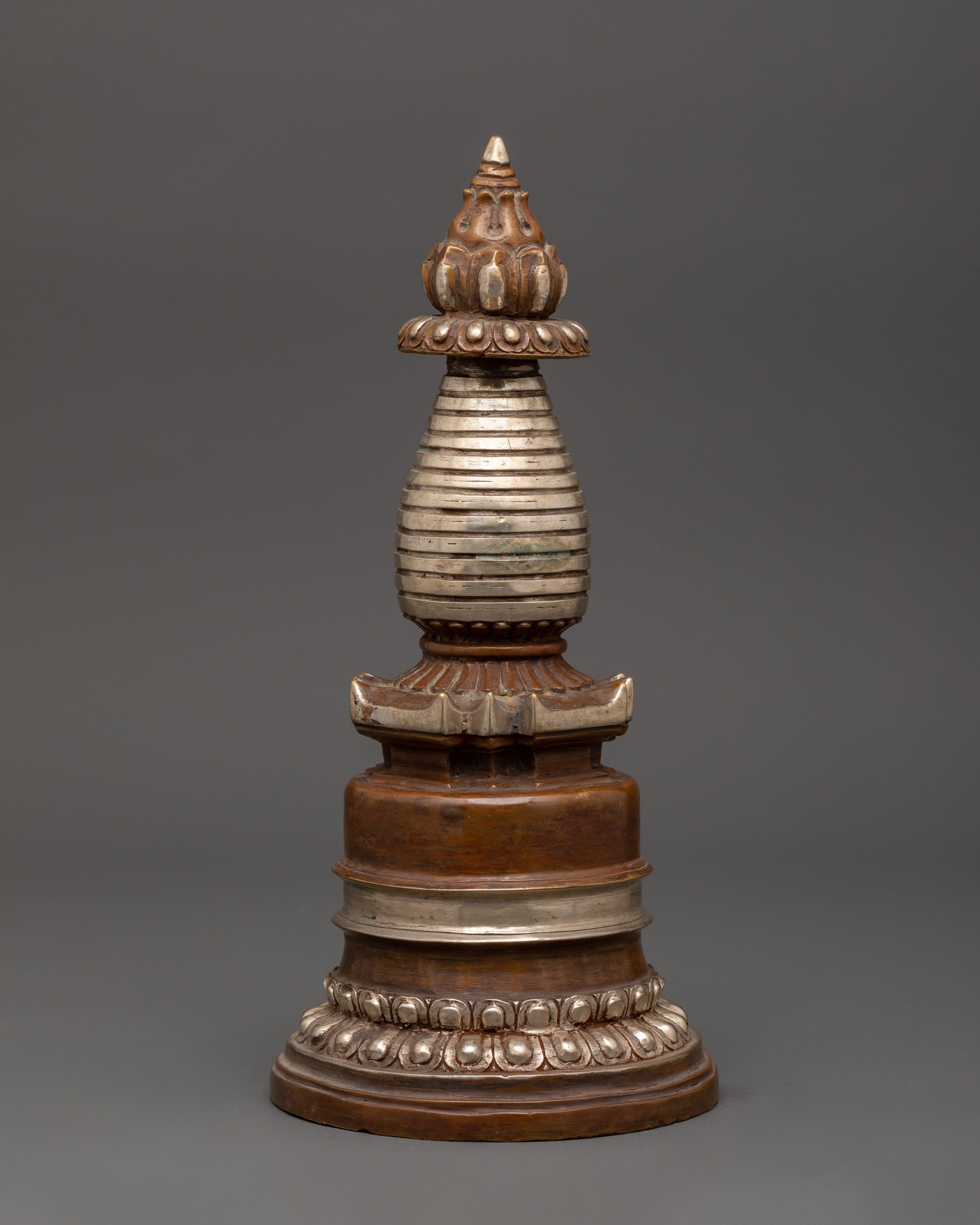 Silver Plated Copper Stupa | Tibetan Sacred Buddhist Artwork