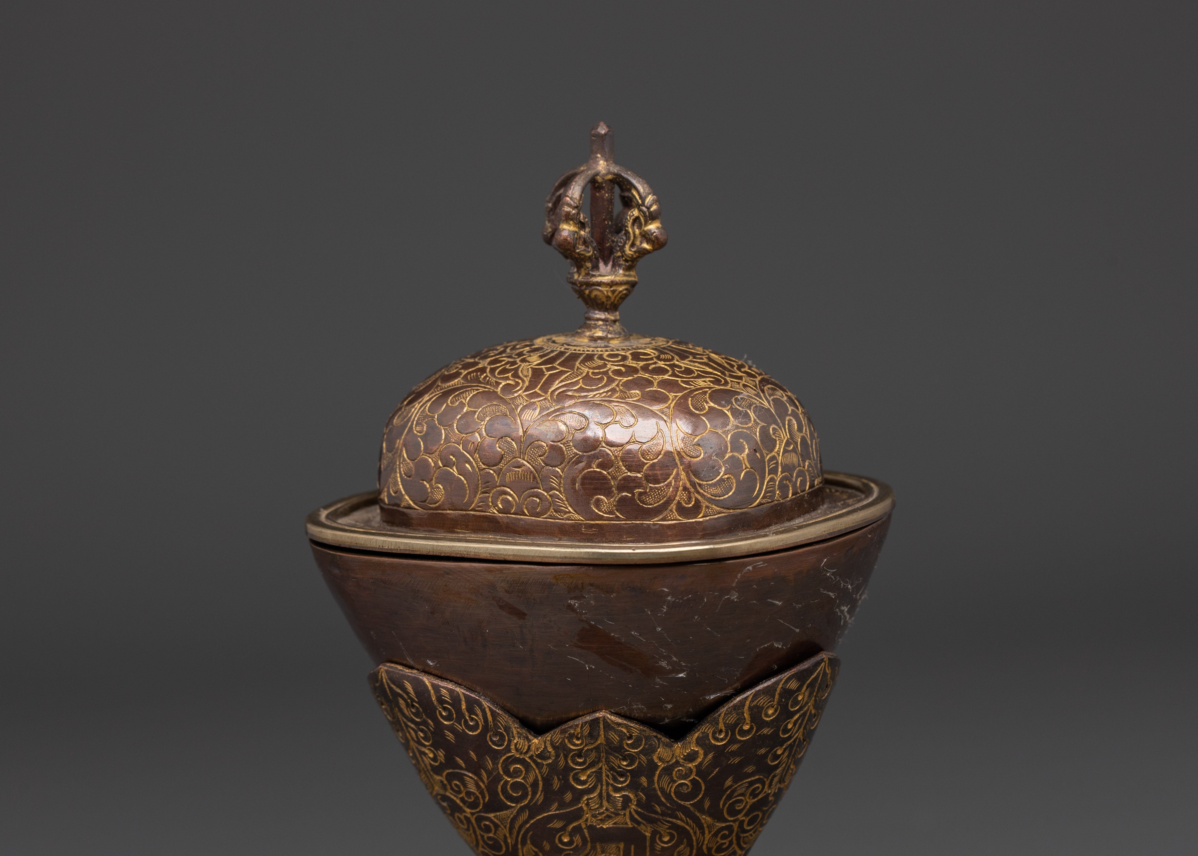 Tibetan Kapala Set for Buddhist Rituals | Oxidized Copper Skull Cup with Vajra Lid