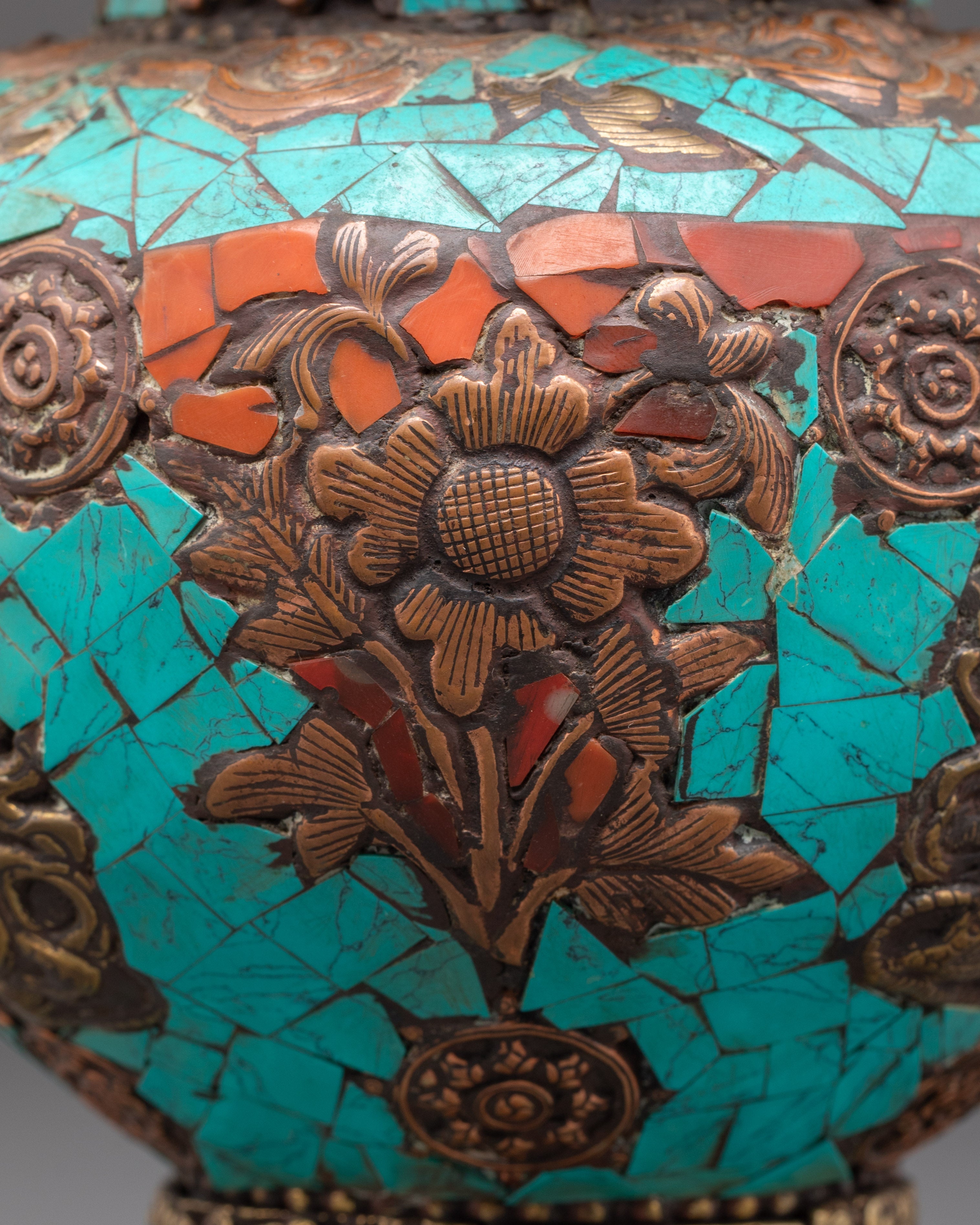 Copper Rice Pot with Turquoise and Coral Inlay | Symbol of Abundance and Prosperity
