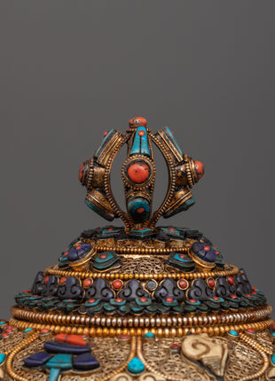 Tibetan Rice Bowl with Coral | Buddhist Altar Offering Bowl Decor