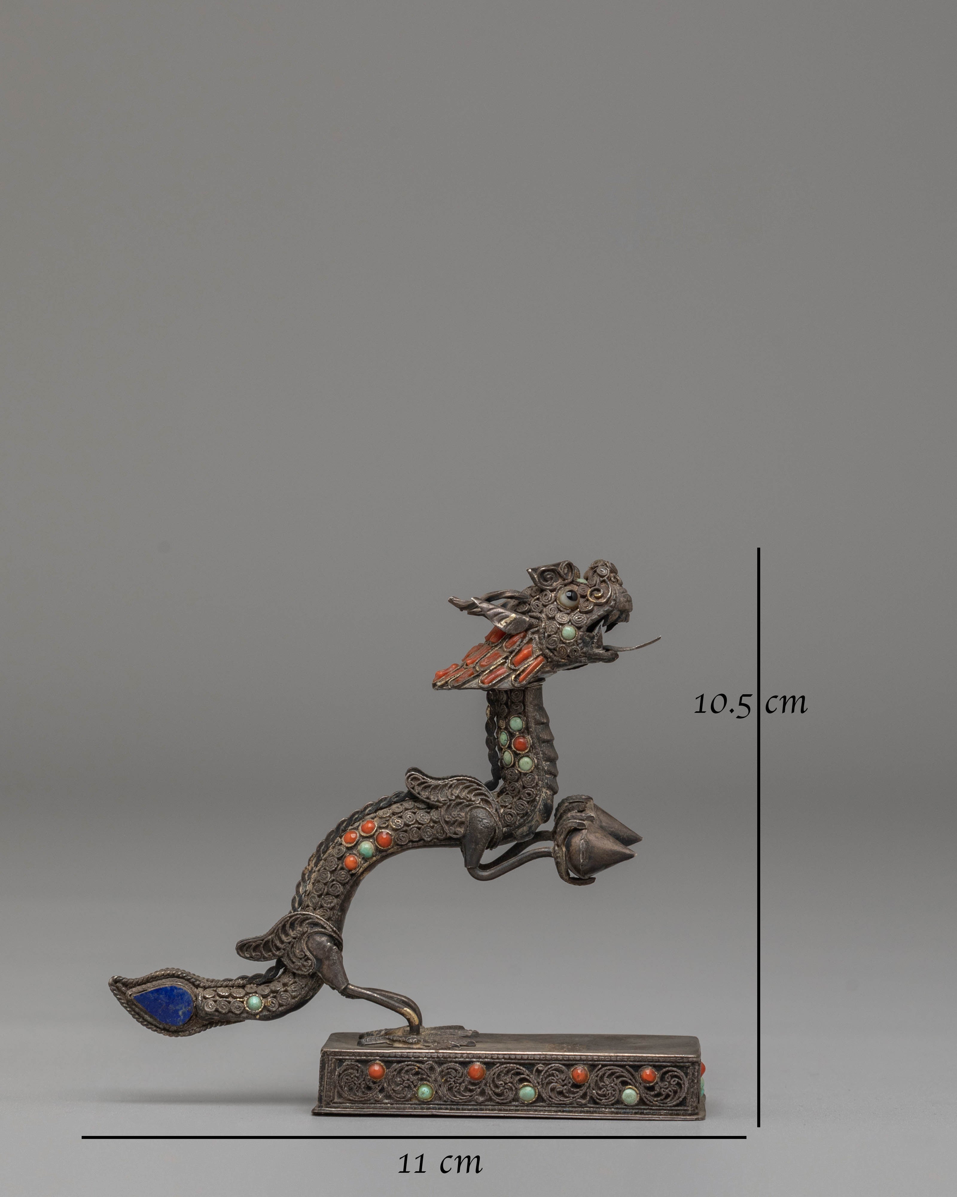 Handmade Dragon Sculpture | Silver Art Piece with Turquoise & Coral Gemstones