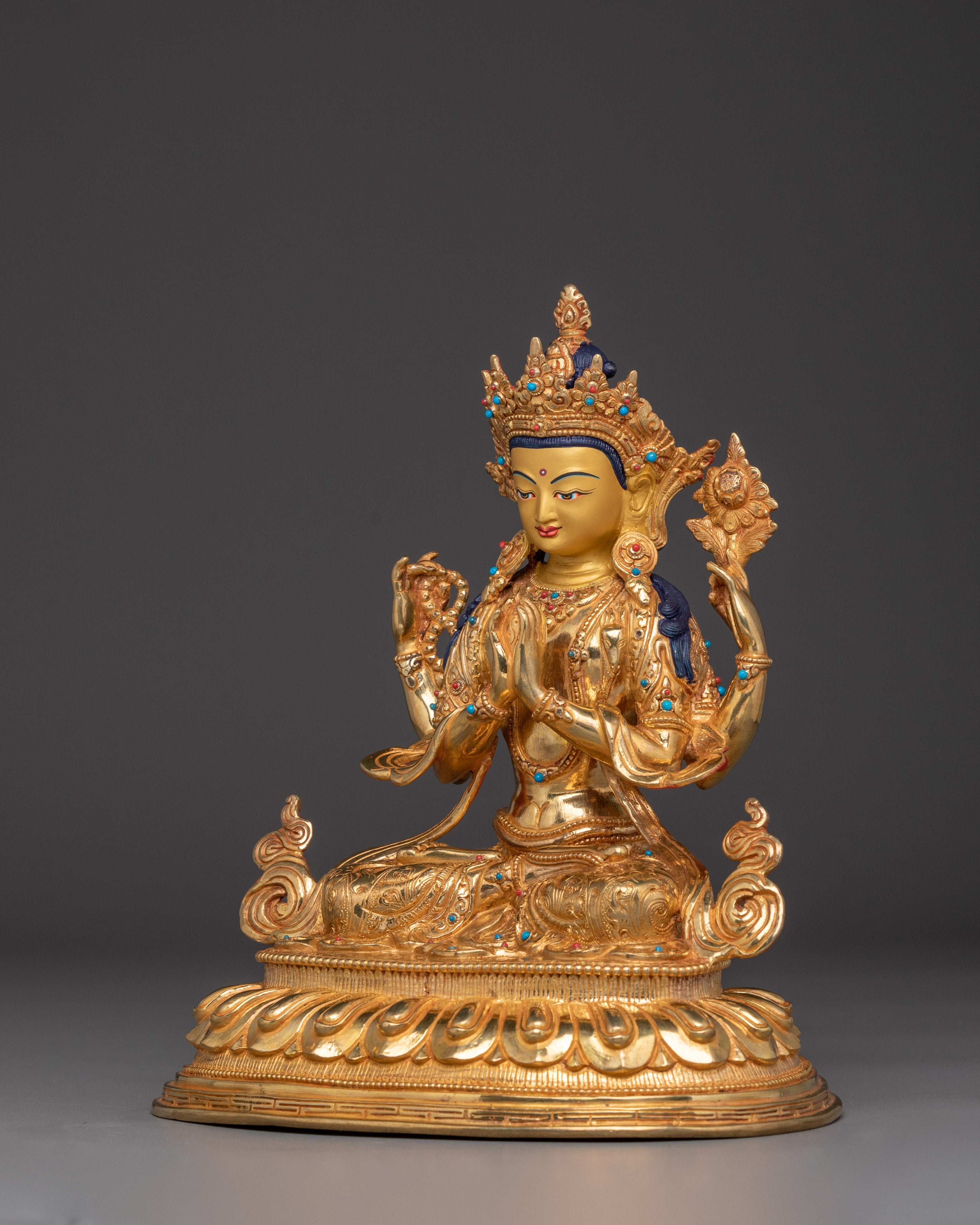 Compassion God Chenrezig Statue | Avalokiteshvara Golden Figurine
