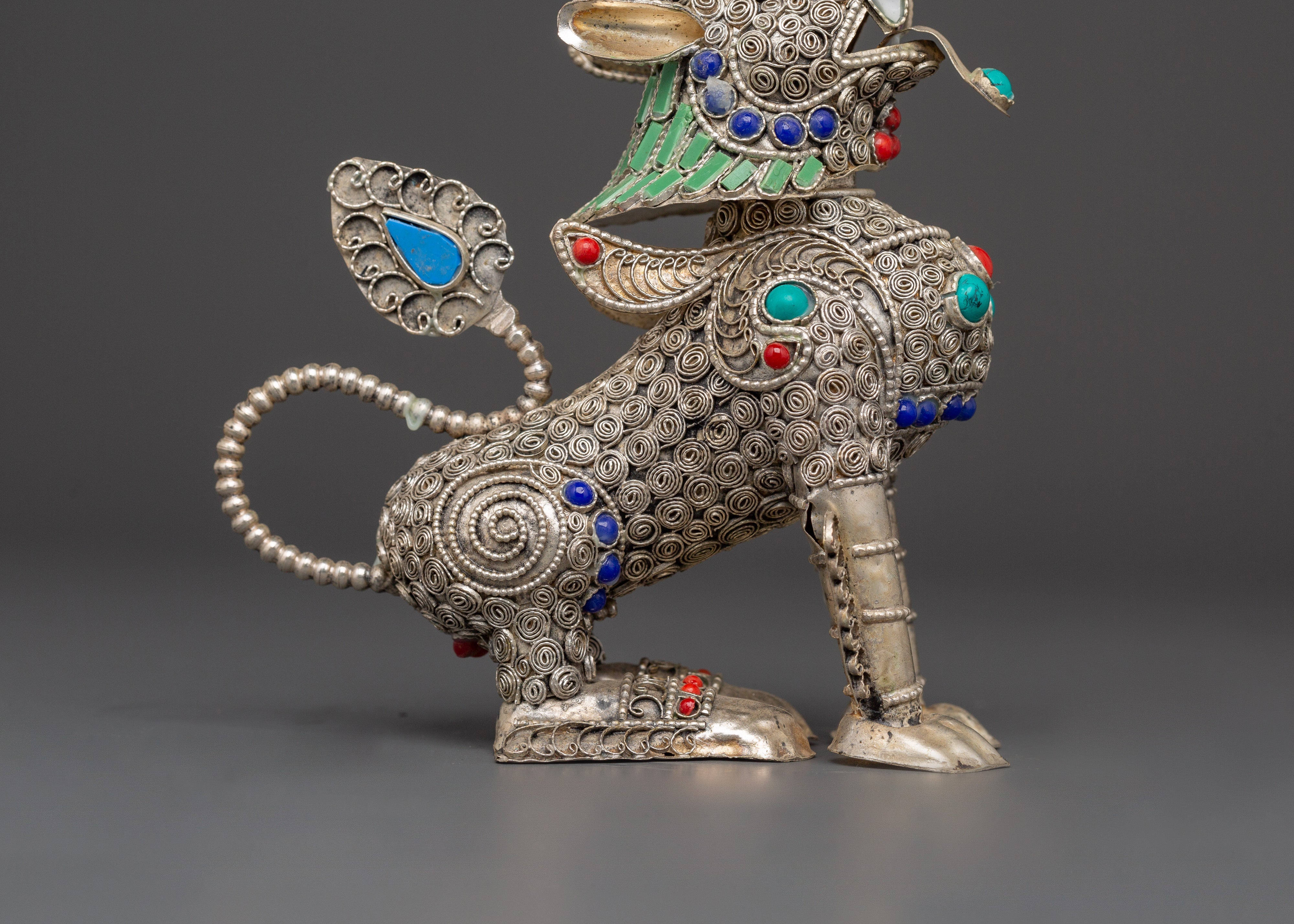 Tibetan Snow Lion Buddhist Protector Set | Silver-Plated White Metal Guardian Statues