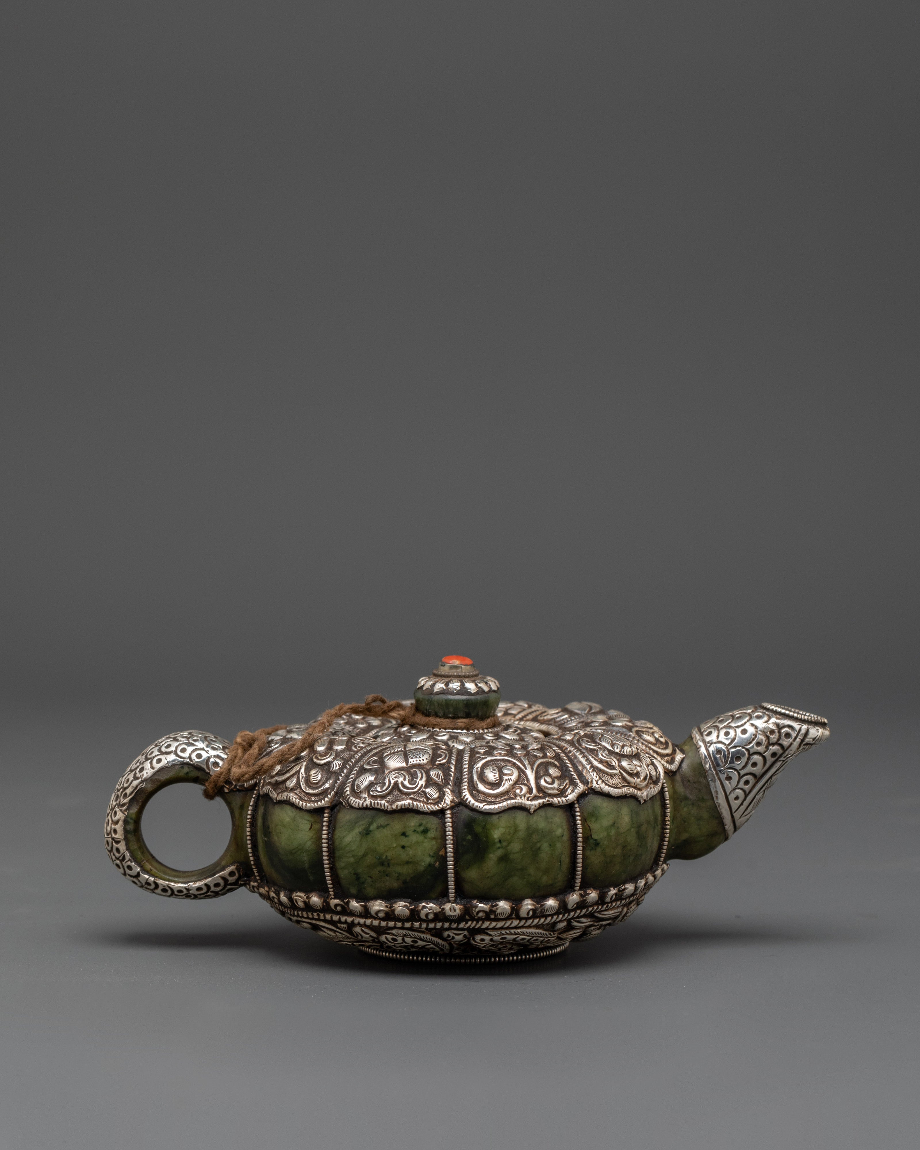 Handcrafted Tibetan Teapot & Offering Bowl Set | Green Jade & Silver Tea Set