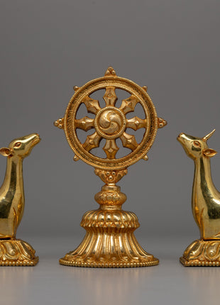 Gold-Plated Dharma Wheel with Deer Set | Spiritual Meditation Gift