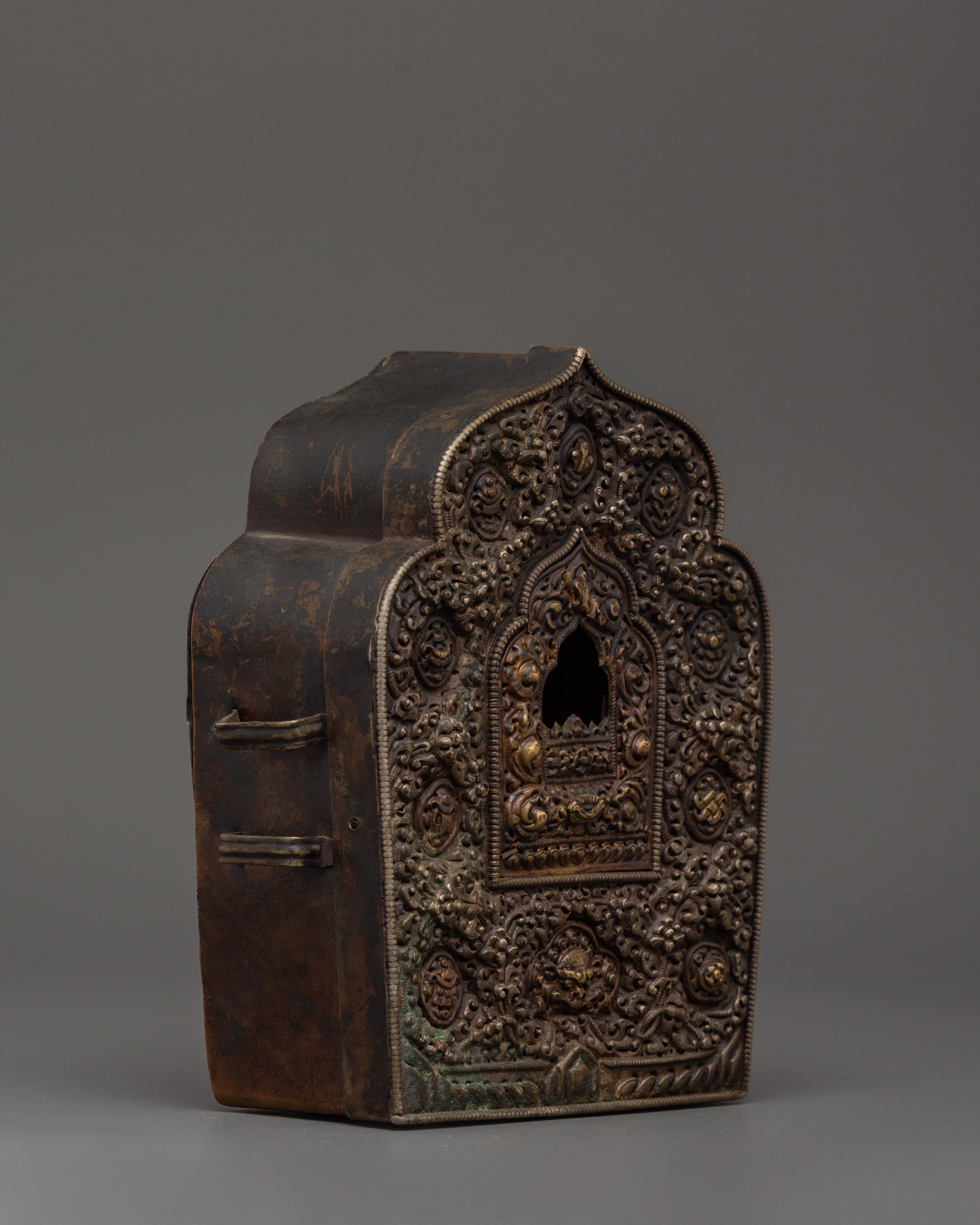 Handcrafted Tibetan Ghau Prayer Box | Brass, Silver & Copper Shrine with 8 Auspicious Symbols