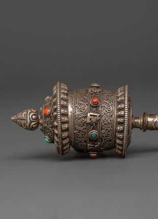 Tibetan Prayer Wheel 92.5% Silver | Handcrafted Spinning Mani Wheel