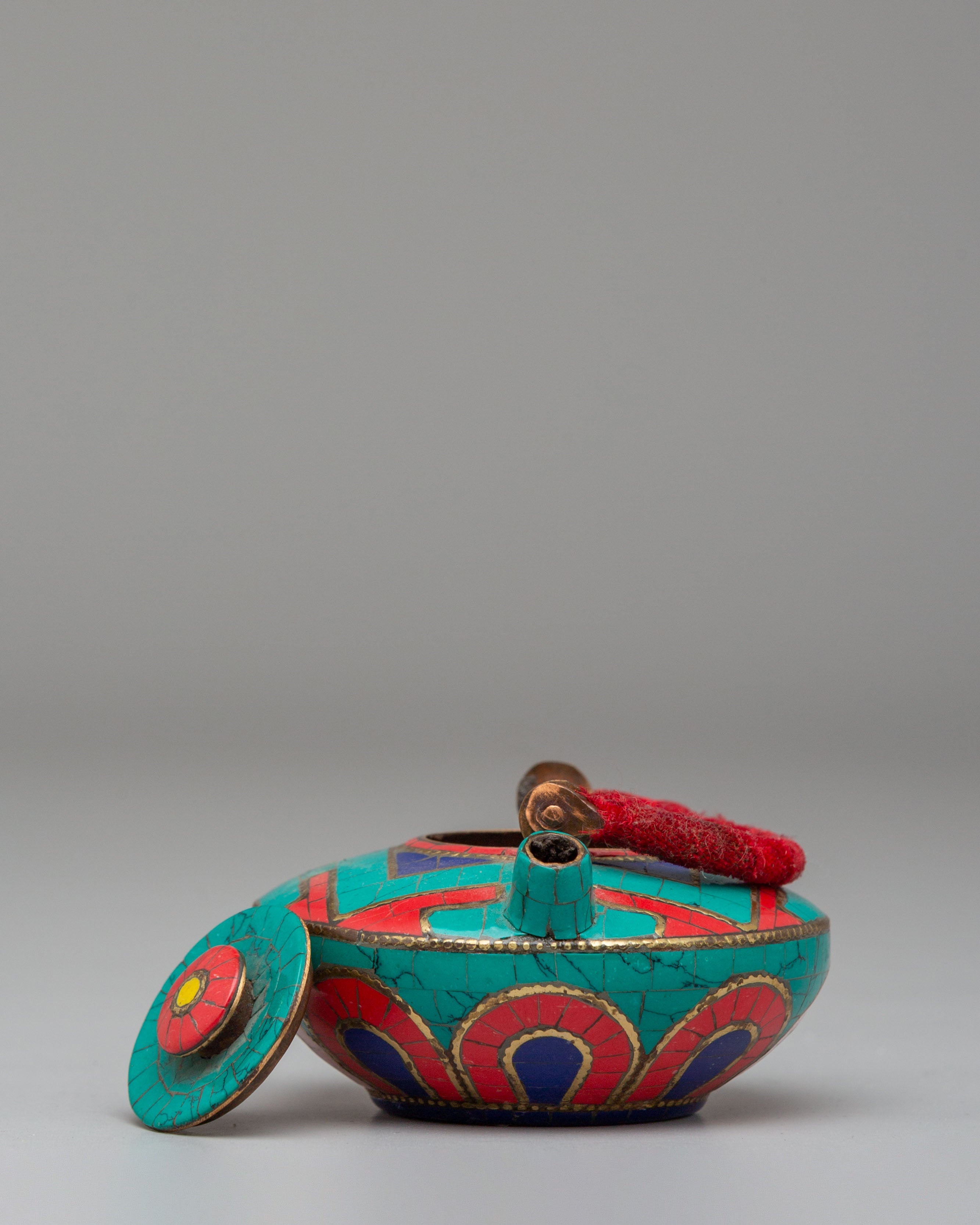 Handcrafted Copper Tea Pot | Teapot with Coral and Turquoise Stones
