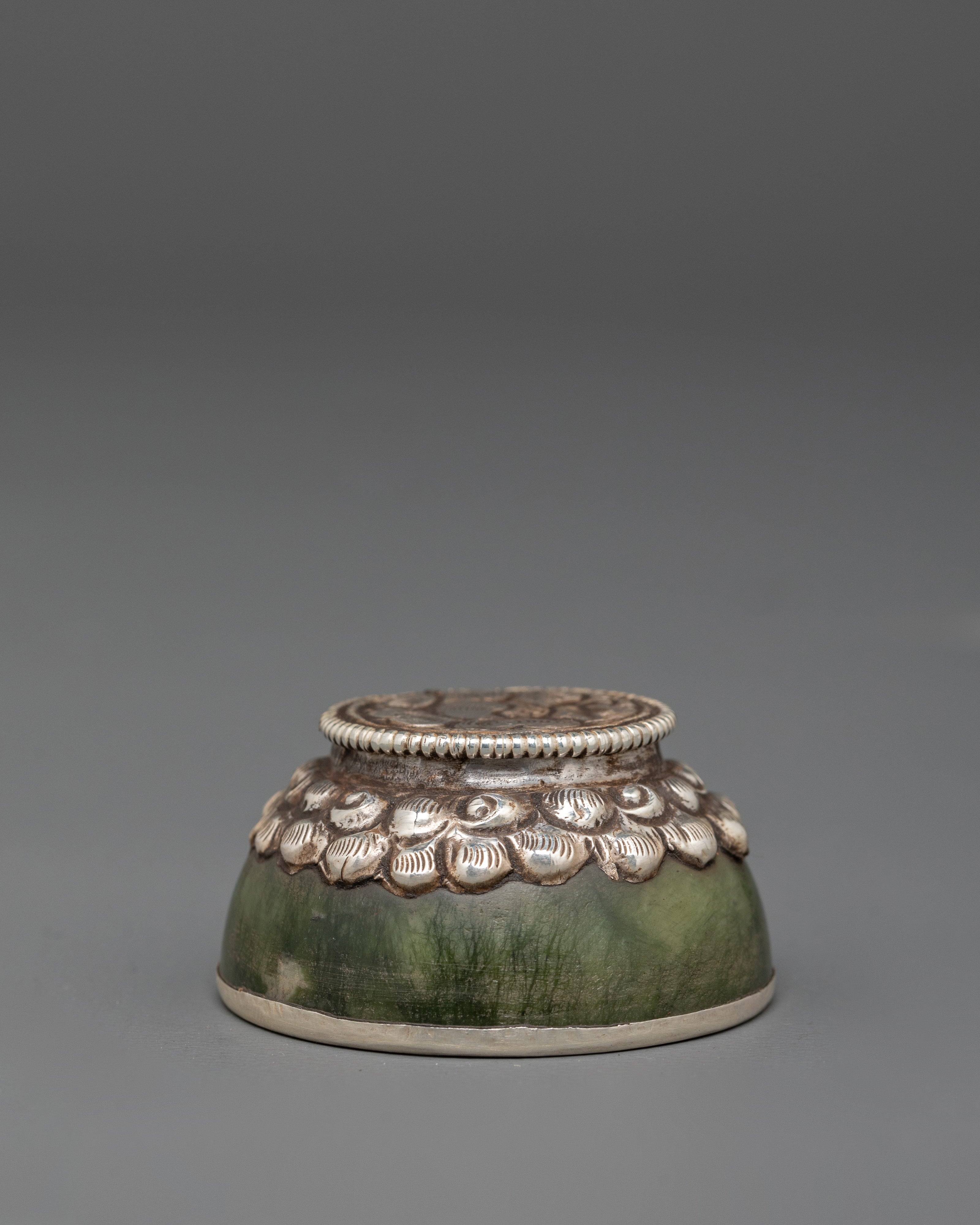 Handcrafted Tibetan Teapot & Offering Bowl Set | Green Jade & Silver Tea Set